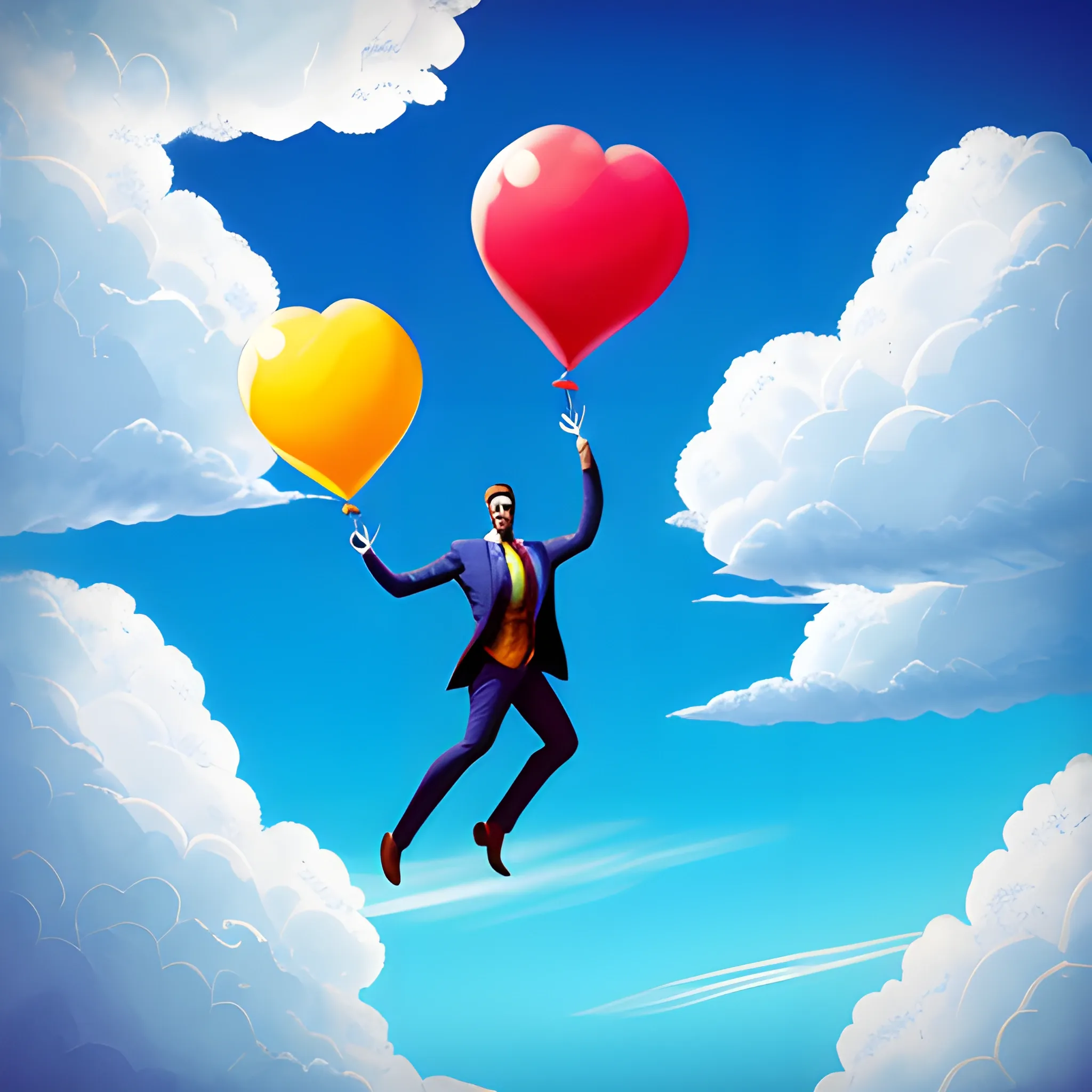 man and young son flying in blue sky surrounded by animal shaped clouds and balloons
