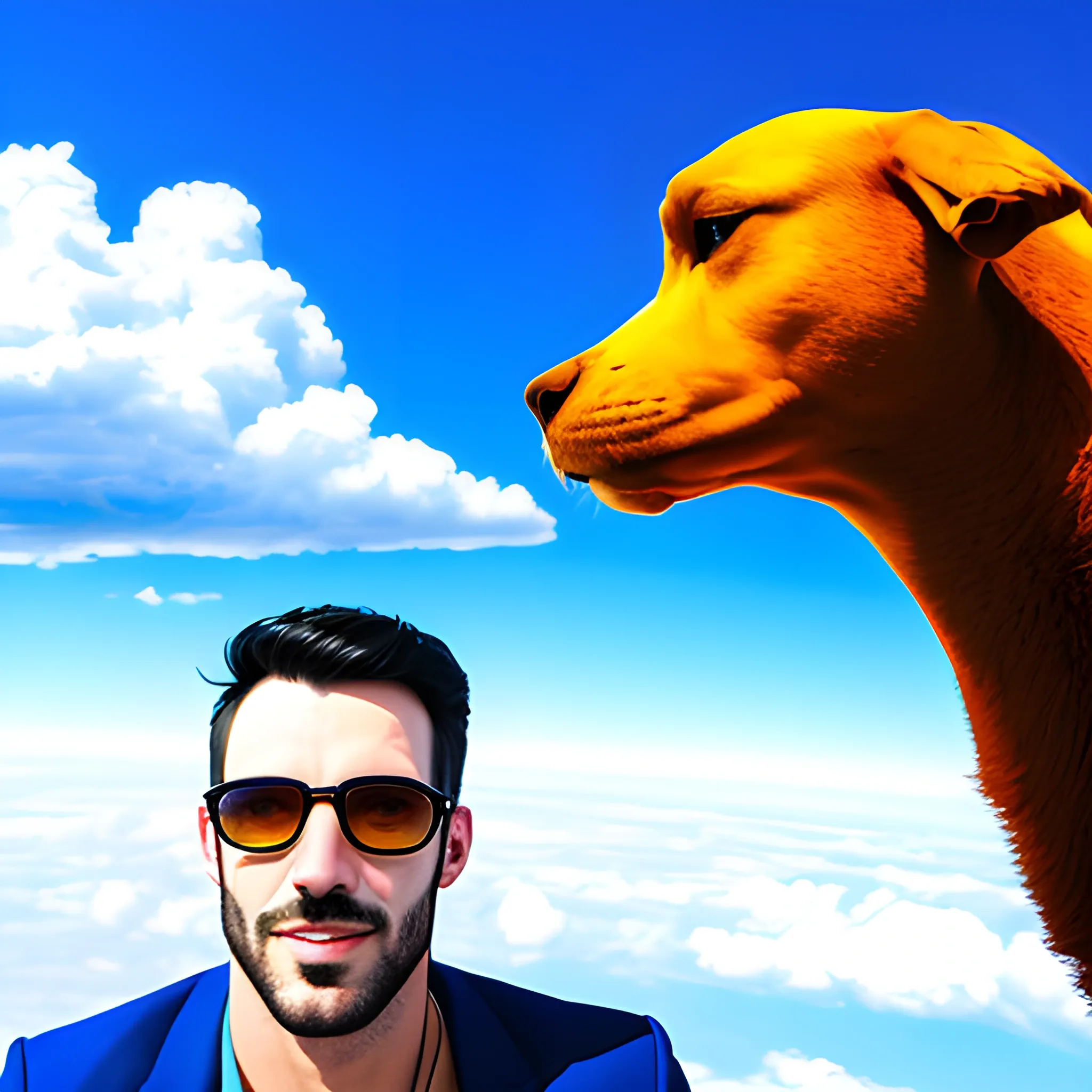 man and young son flying in blue sky surrounded by animal shaped clouds  
