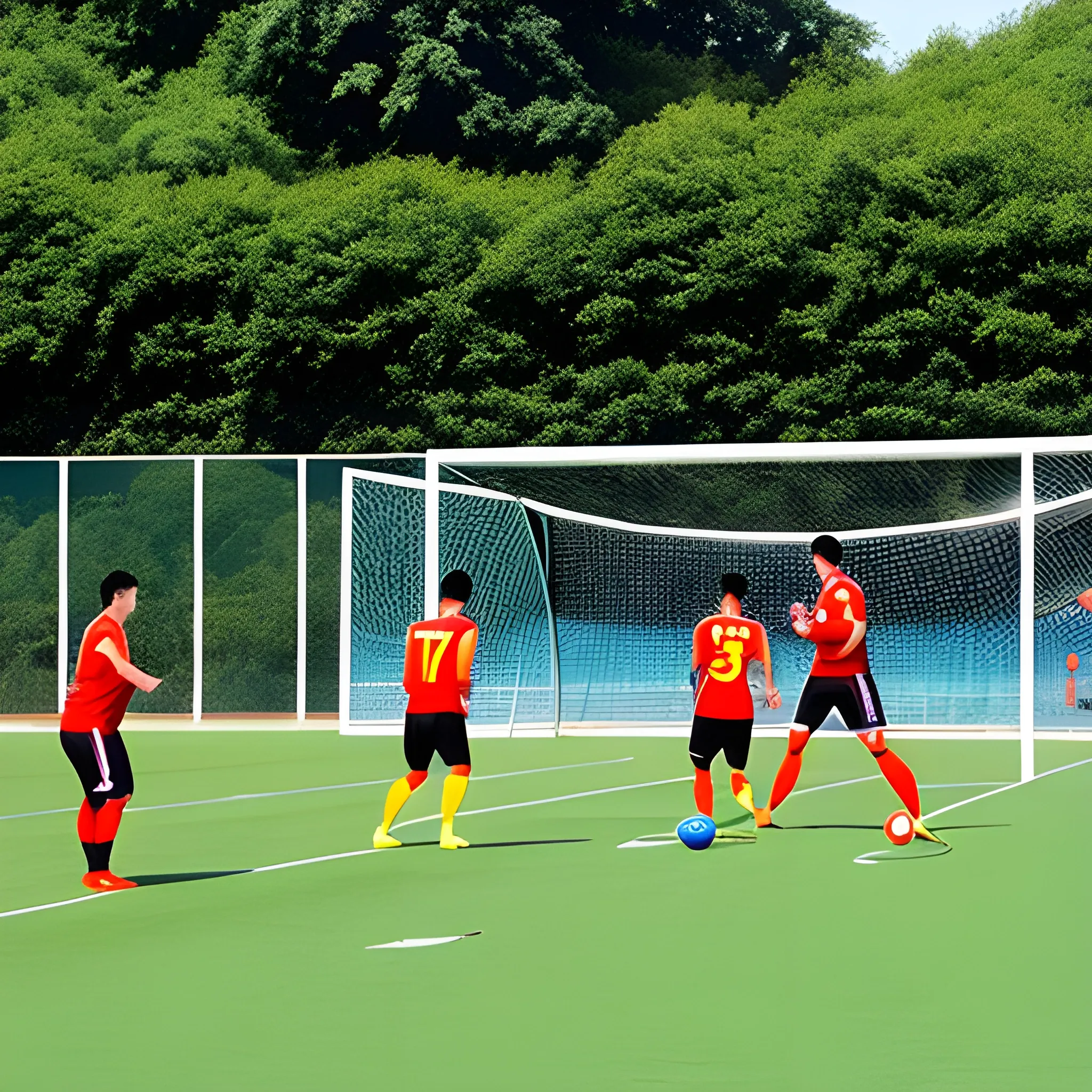 A Chinese boy and his father are playing football in the sunshine