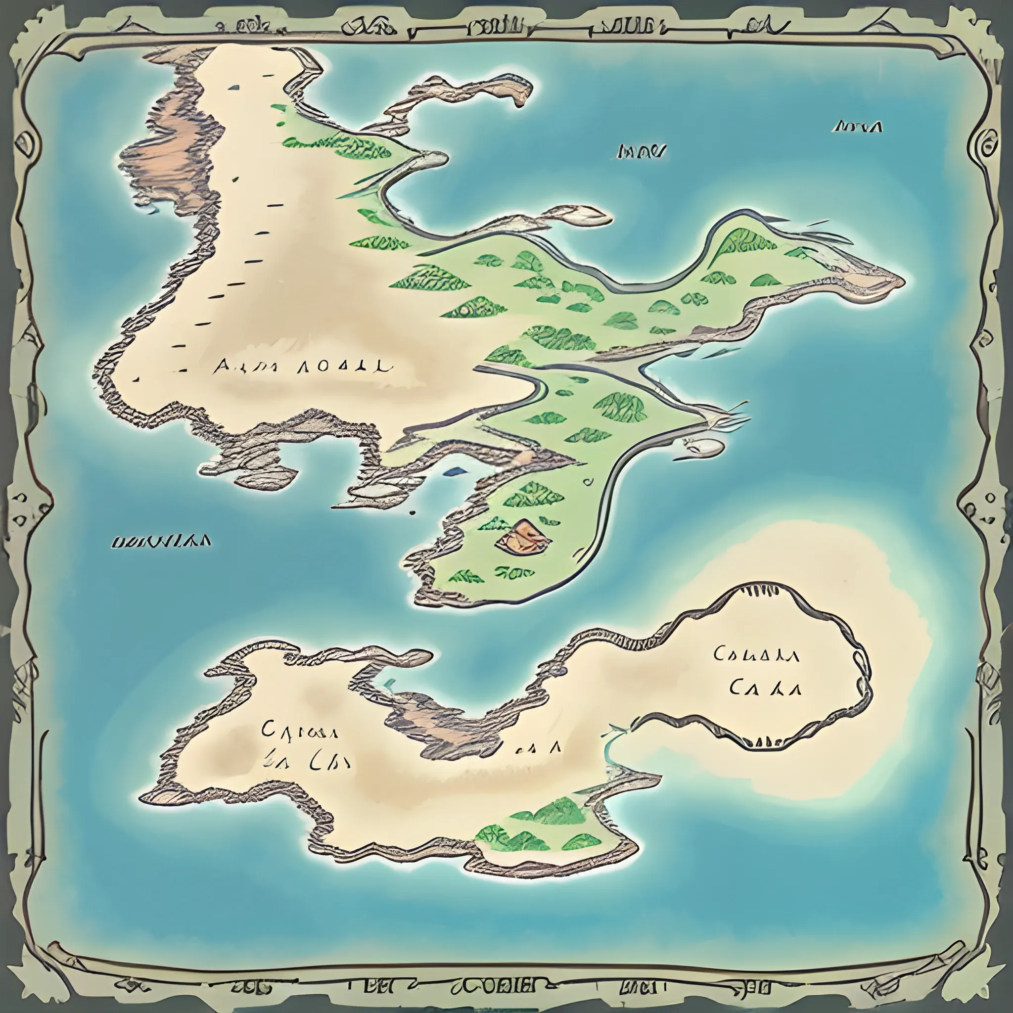 breath of the wild style map of a fantasy continent.