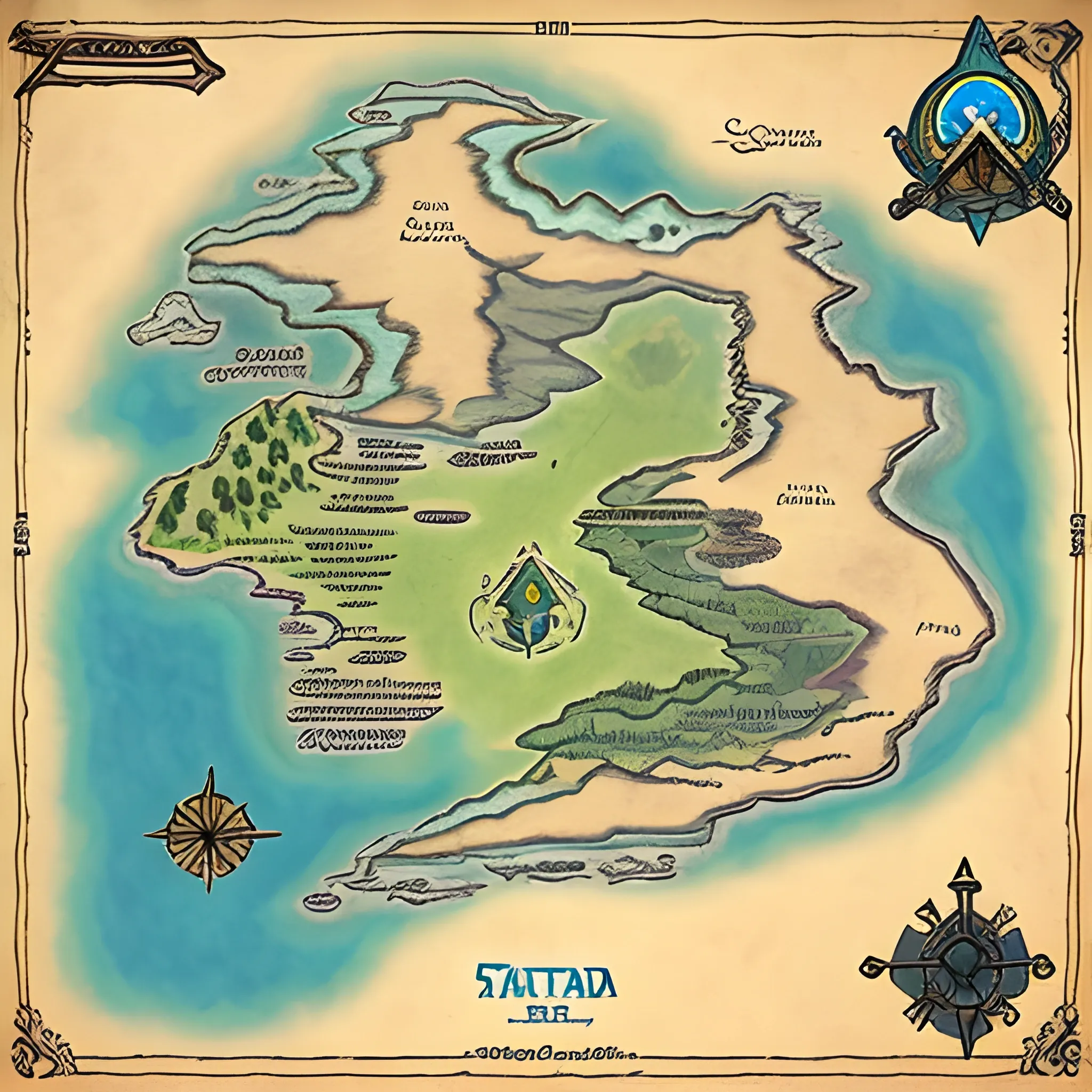 breath of the wild style map of a fantasy continent.