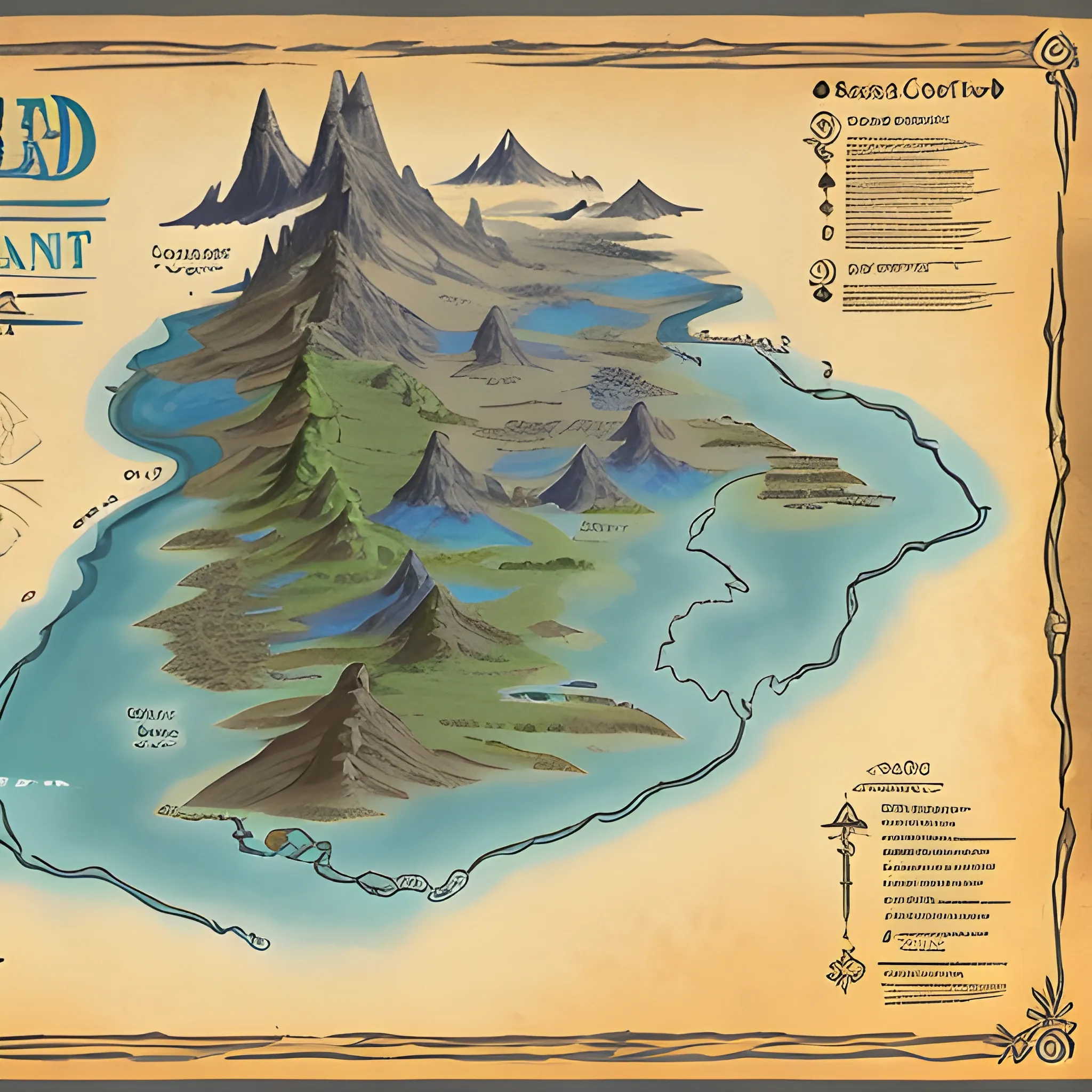 breath of the wild style map of a large fantasy continent with a mountain range expanding from the left side to the top.