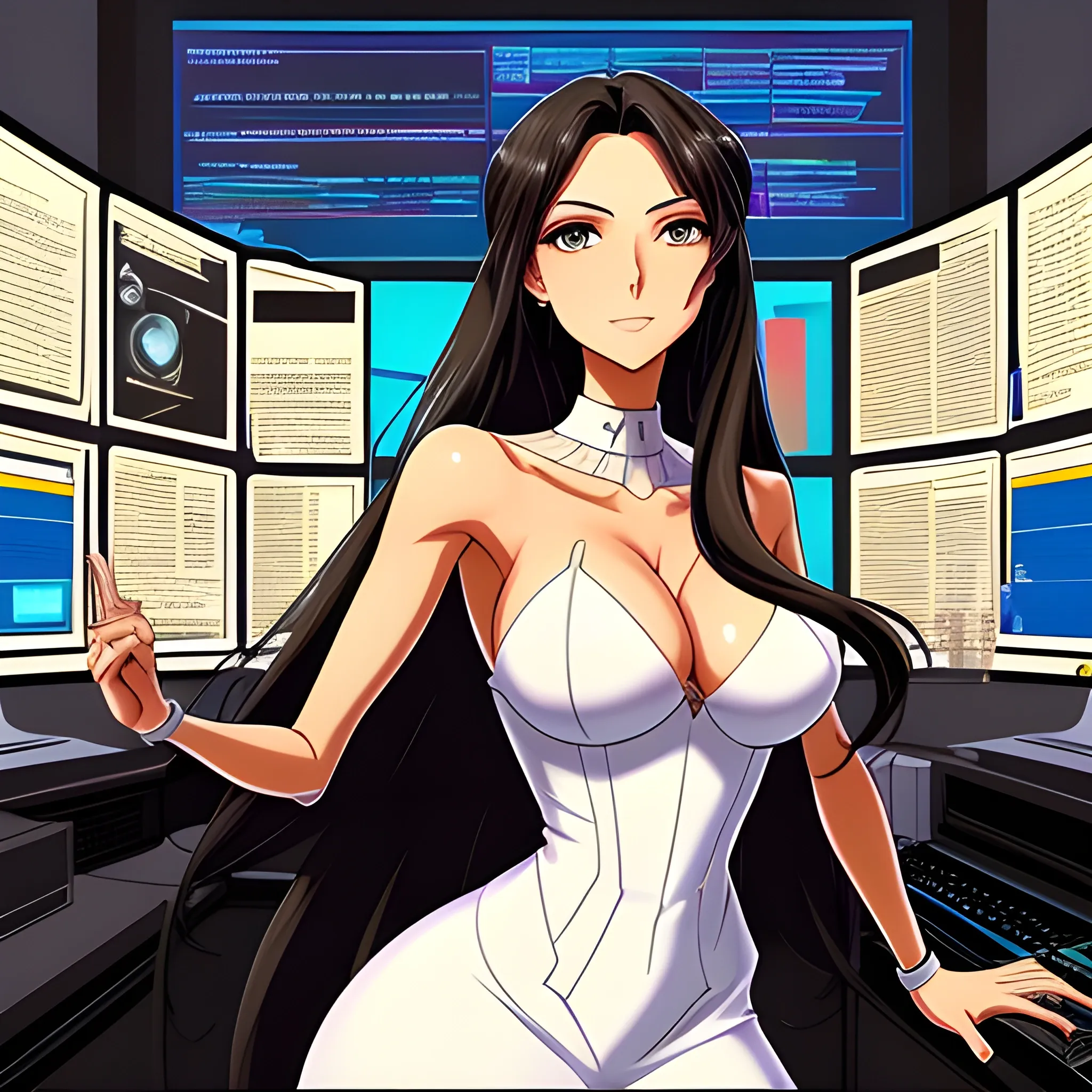 In the bustling world of virtual complexities, there exists an anime girl with deep brown eyes that mirror the warmth and determination hidden within her. Her long, sleek black hair cascades down her back as she navigates the digital realm with unparalleled expertise, her fingers dancing effortlessly across the keyboard. Clad in sophisticated office attire, she exudes an air of intelligence and pride, a maestro in her domain, weaving intricate codes and algorithms with the grace of a digital virtuoso., Cartoon