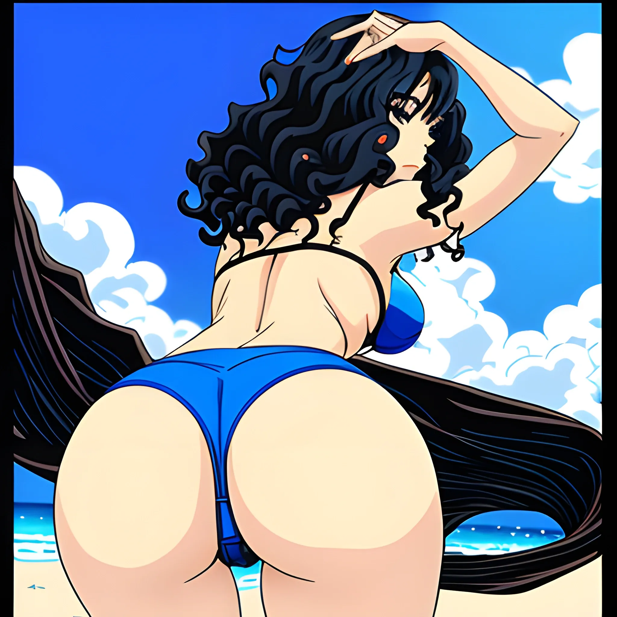 Anime,beach,rear view, fairkin,cute girl,black curly hair,blue ... -  Arthub.ai