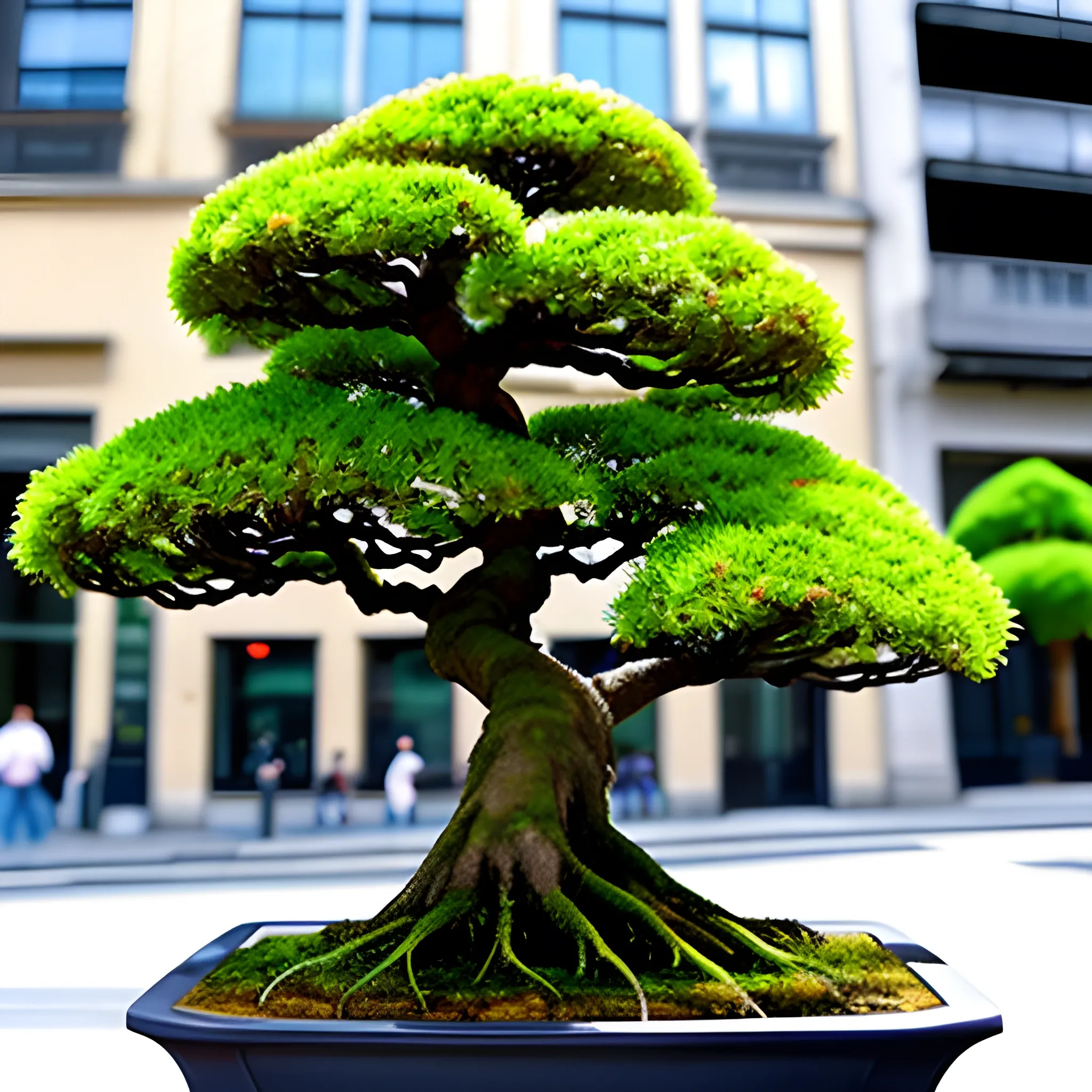 a small bonsai tree in a city and noisy people - Arthub.ai