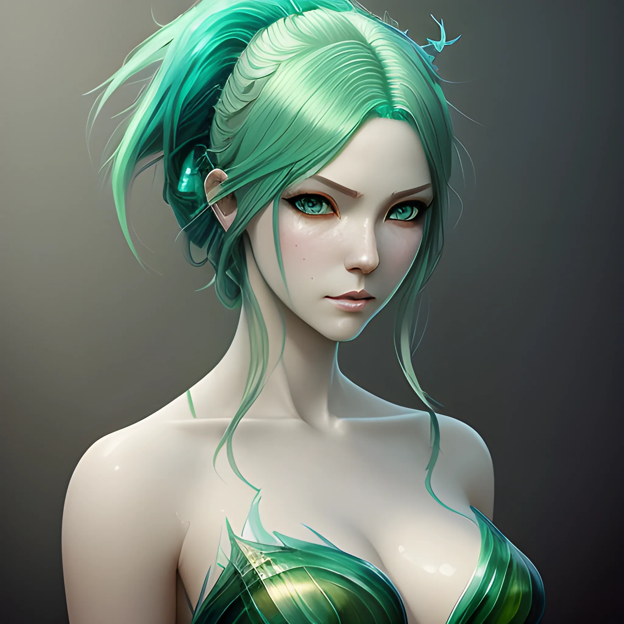 a woman with green hair and blue eyes, a photorealistic painting by Ross Tran, cgsociety, fantasy art, beautiful fantasy art portrait, realistic anime 3 d style, realistic anime art style, mermaid, Oil Painting