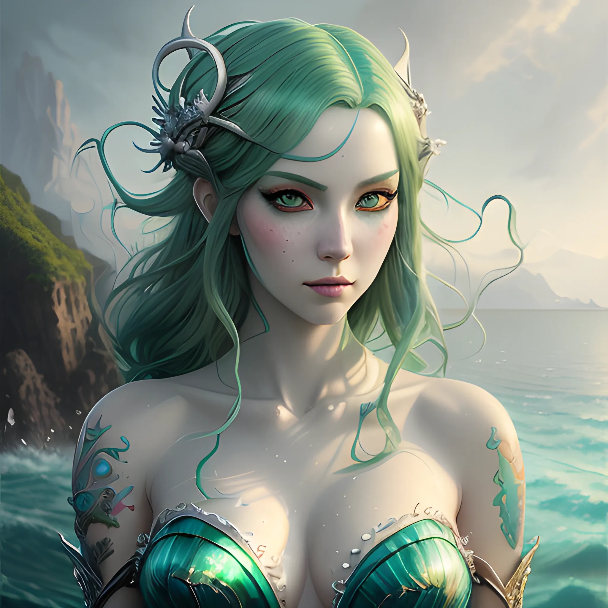 tmasterpiece, high high quality, a woman with green hair and blue eyes, a photorealistic painting by Ross Tran, cgsociety, fantasy art, beautiful fantasy art portrait, realistic anime 3 d style, realistic style, mermaid, Oil Painting, magic atmosphere, sea queen, 