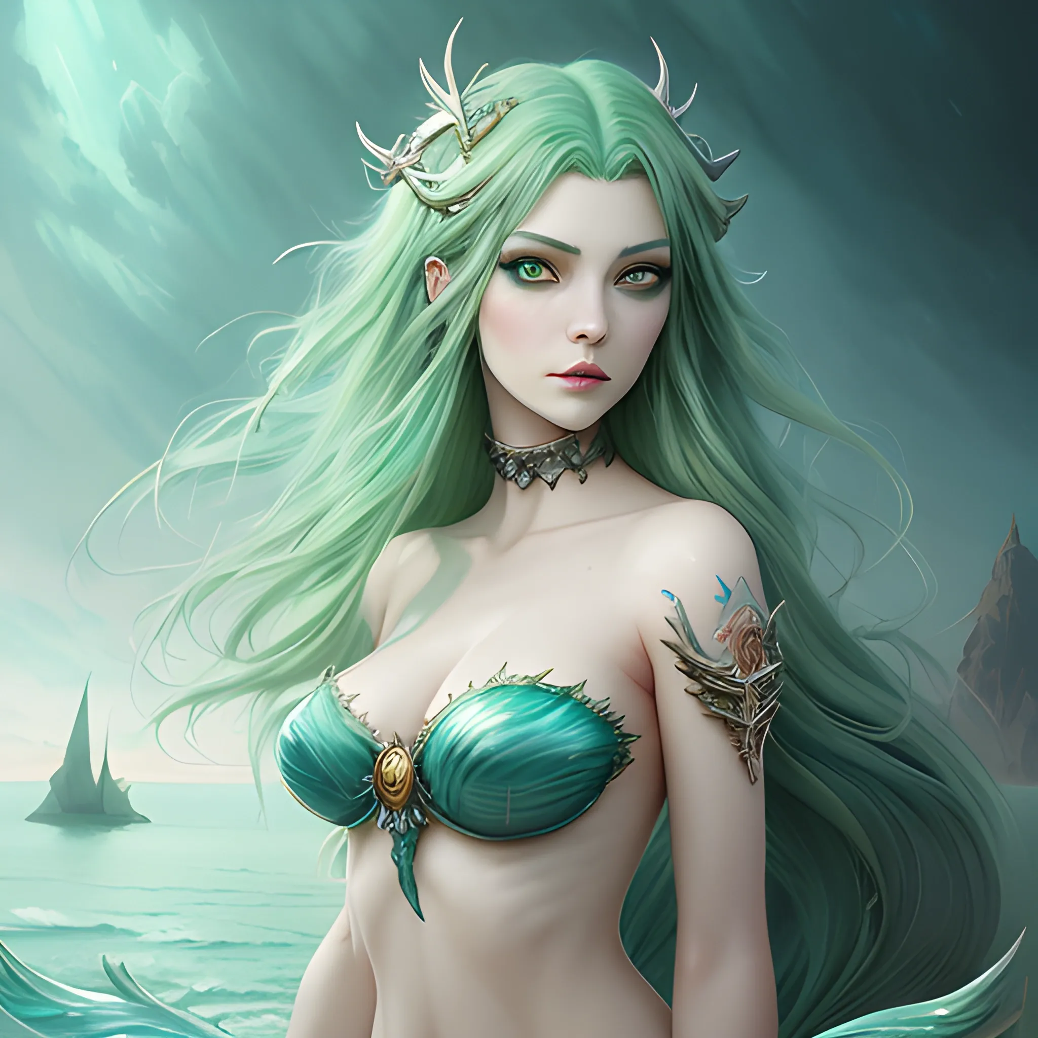 tmasterpiece, high high quality, a woman with green hair and blue eyes, a photorealistic painting by Ross Tran, cgsociety, fantasy art, beautiful fantasy art portrait, realistic anime 3 d style, realistic style, mermaid, Oil Painting, magic atmosphere, sea queen, detailed portrait, symmetric