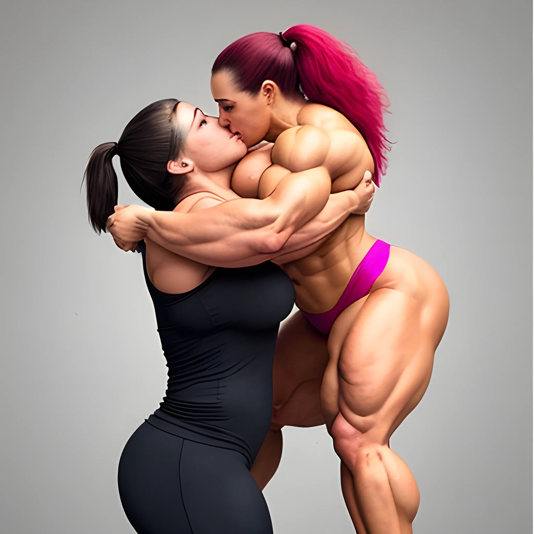 An image of a very very huge female Bodybuilder, with a huge bust, full body and a beautiful face, lifting a Person 