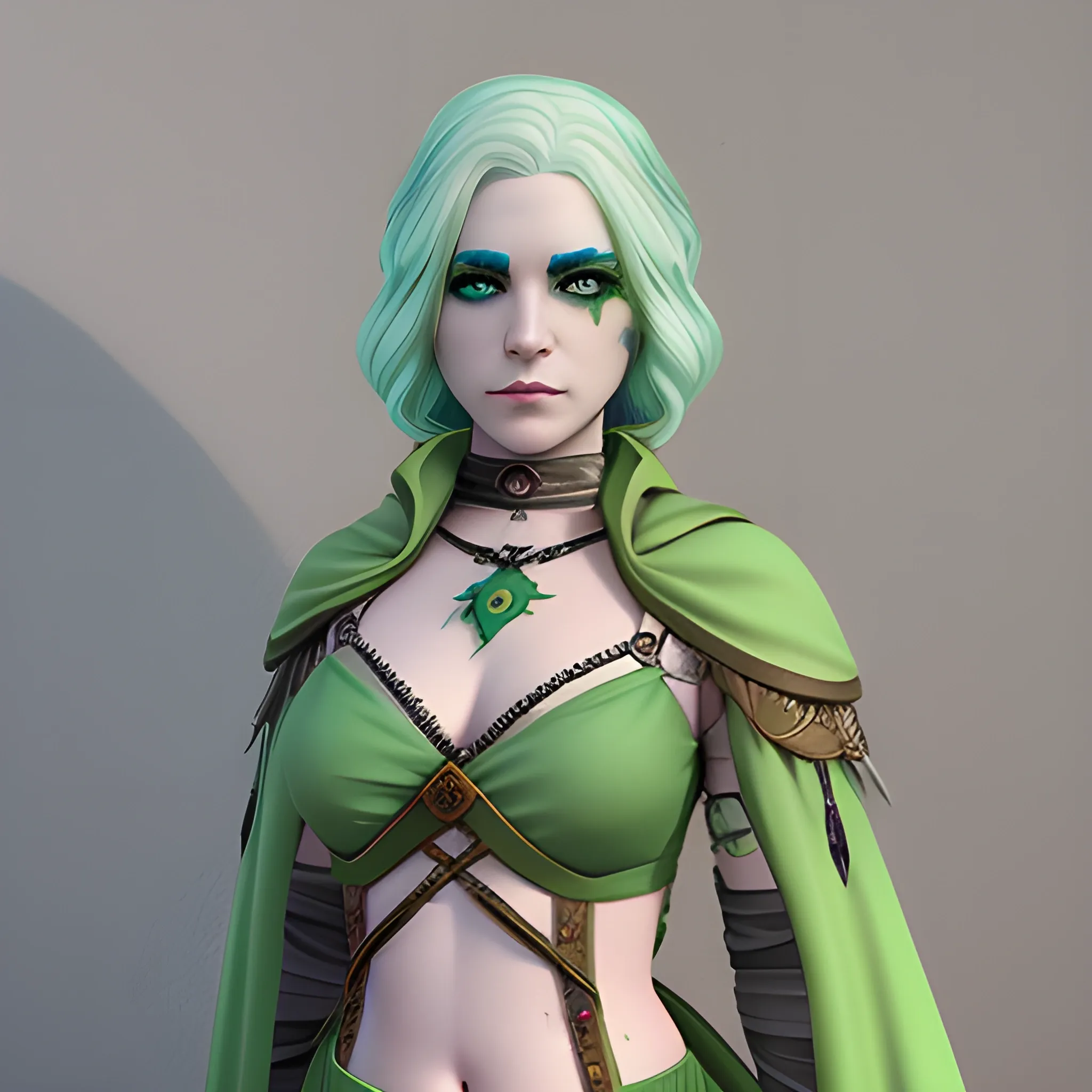 A female variant aasimar bard, She has light green hair, green eyes. above her left brow is a scarred laceration.
, 3D