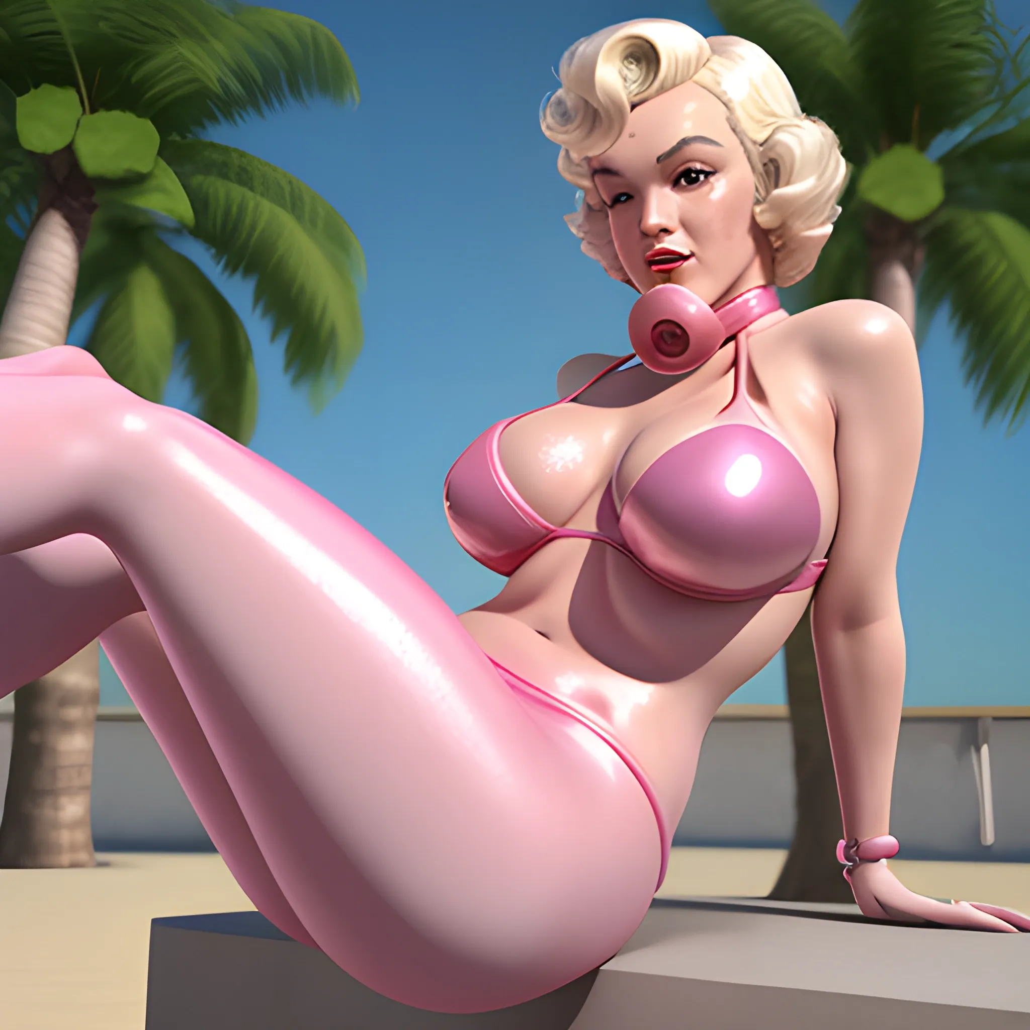 , 3D Marilyn Monroe with large breast and large waste  in pink shiny bikini with butt facing the camera and ball gag 