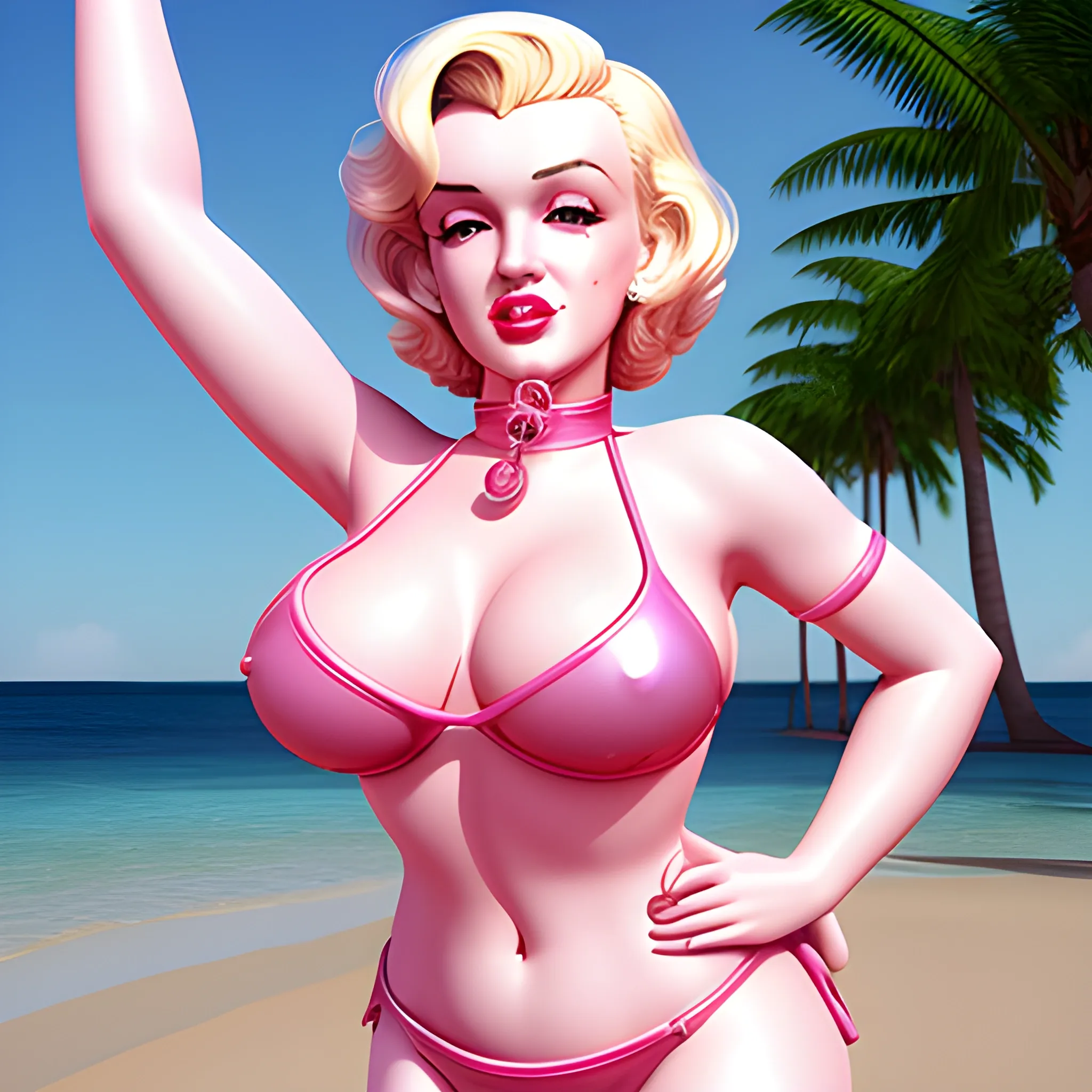 , 3D Marilyn Monroe with large breast and large waste  in pink shiny bikini with butt facing the camera and ball gag 