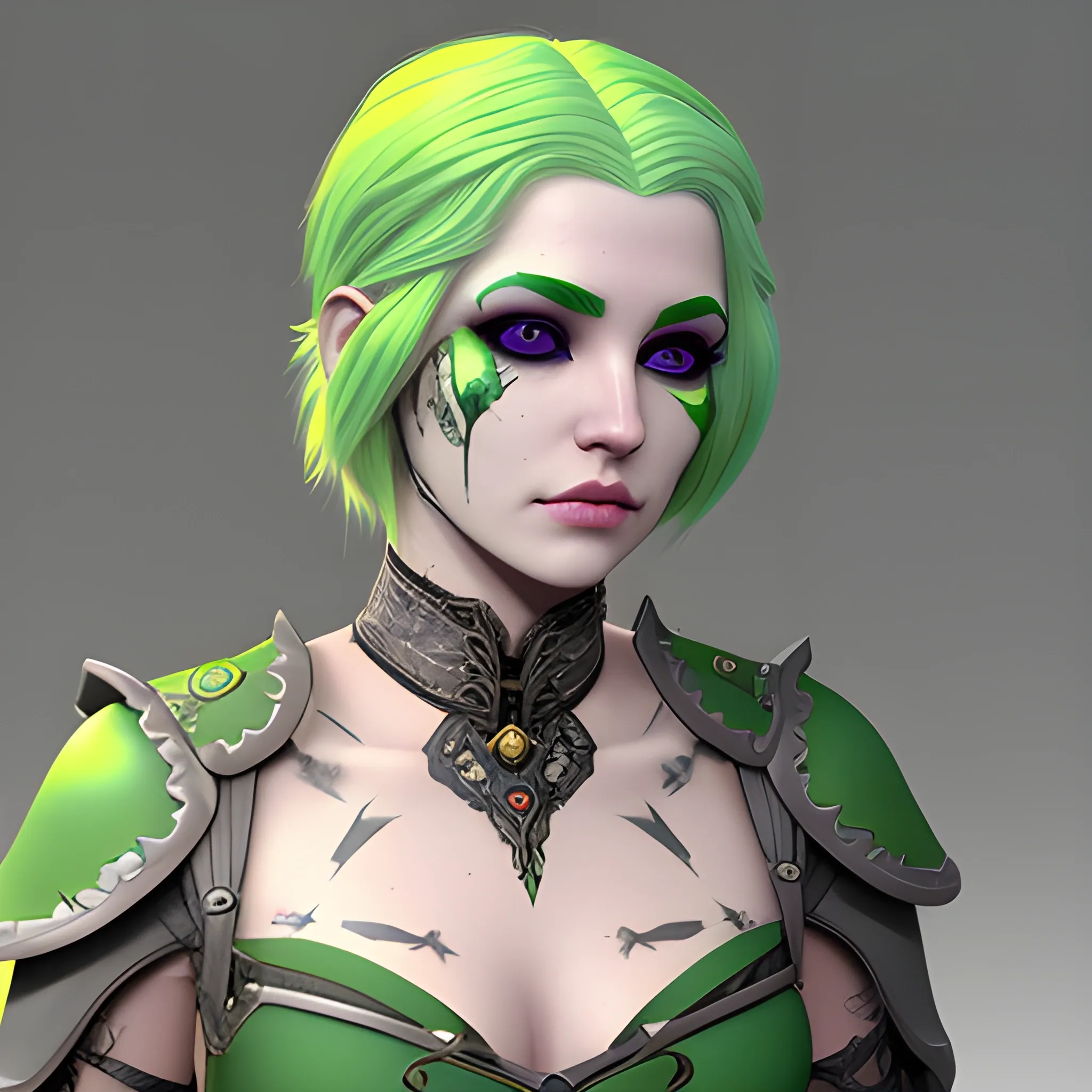 A female variant aasimar bard, She has light green hair, green eyes. above her left brow is a scarred laceration. She has grey wings.
, 3D