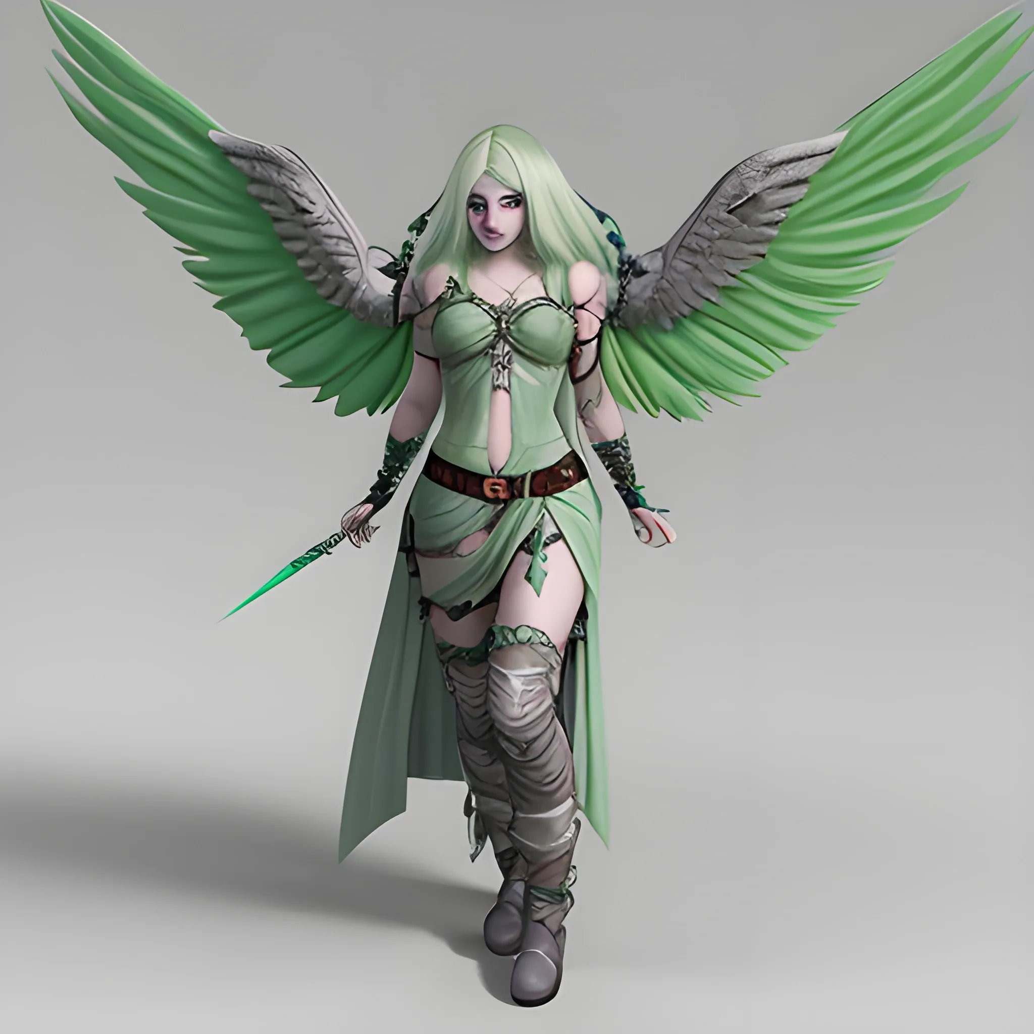 A female variant aasimar bard, She has light green hair, green eyes. above her left brow is a scarred laceration. She has grey wings.
, 3D