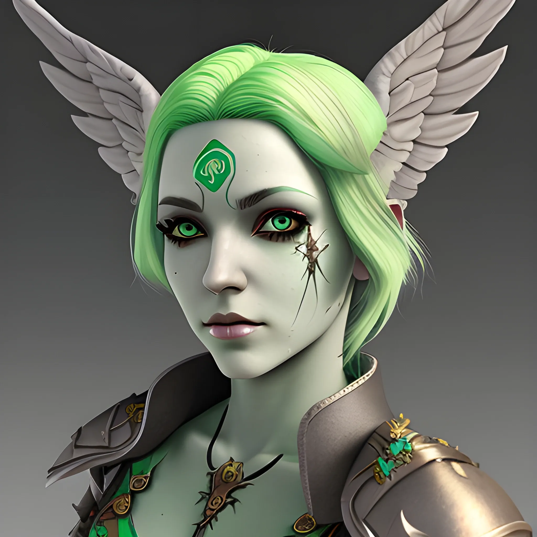 A female variant aasimar bard, She has light green hair, green eyes. above her left brow is a scarred laceration. She has grey wings.
, 3D