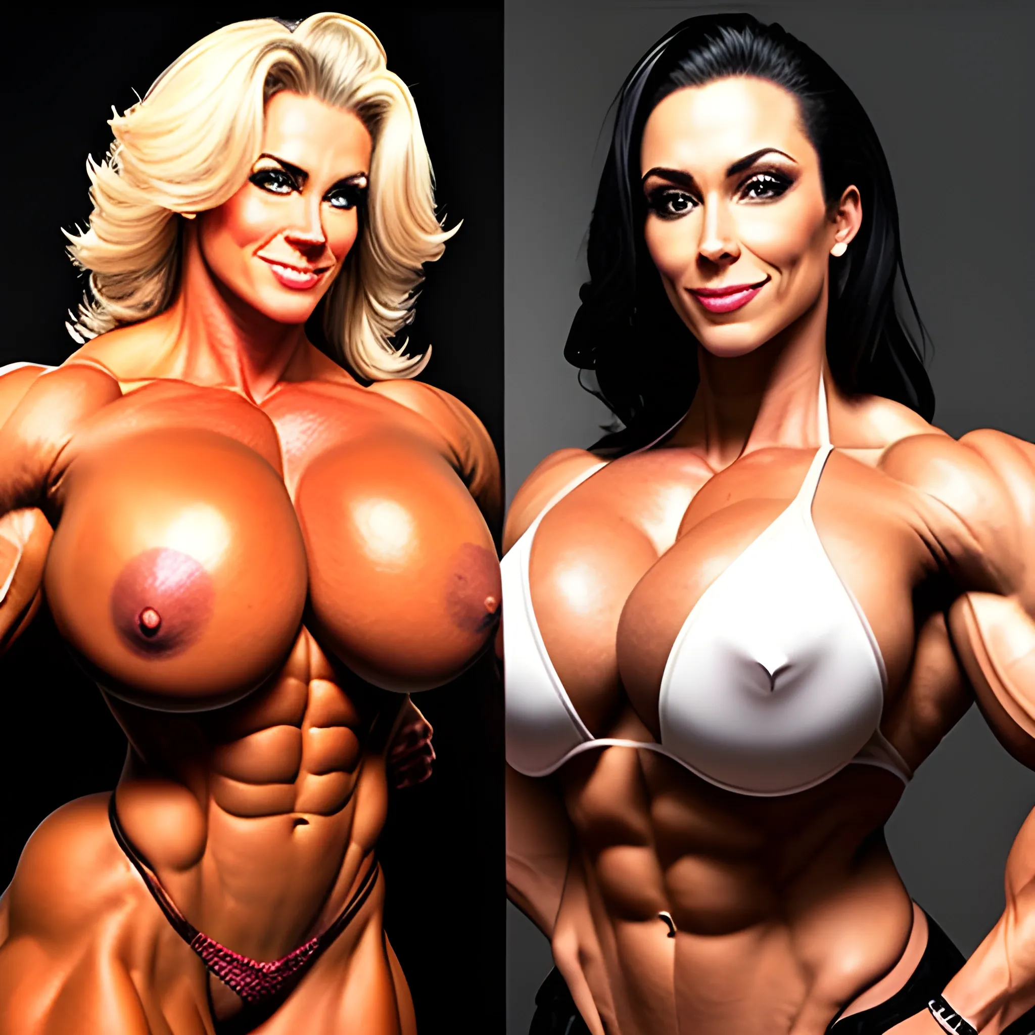 An image of a very very huge female Bodybuilder, with a huge bust, full body and a beautiful face, lifting a girl