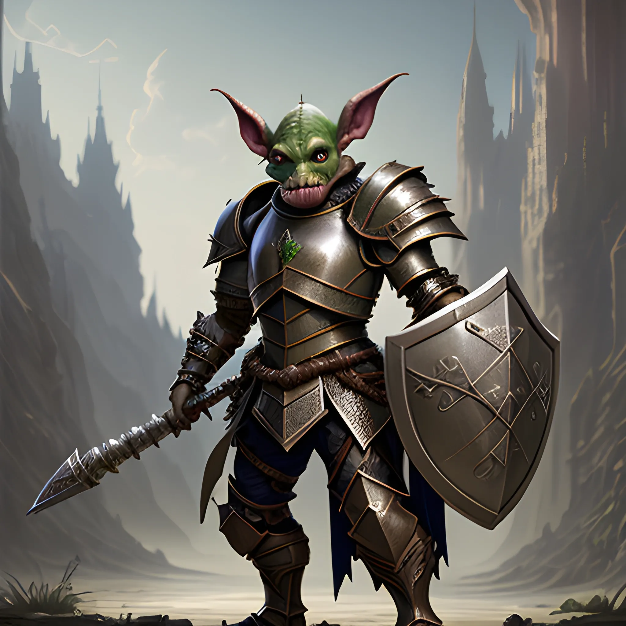 goblin in armor with shield, 8k, high resolution, high quality, photorealistic, hyperrealistic, detailed, detailed matte painting, deep color, fantastical, intricate detail, splash screen, complementary colors, fantasy concept art, 8k resolution trending on Artstation Unreal Engine