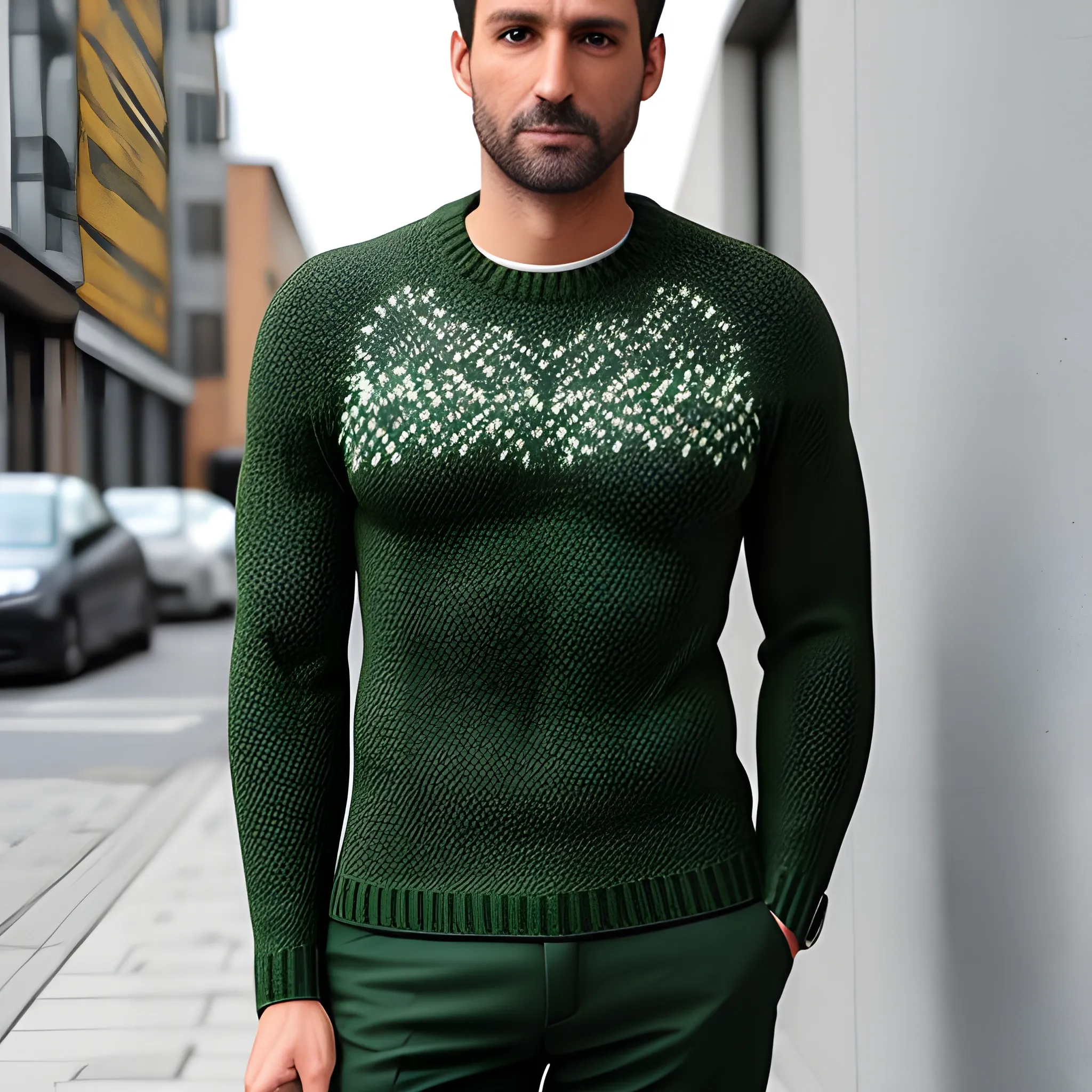 child in green knit sweater standing on sidewalk
