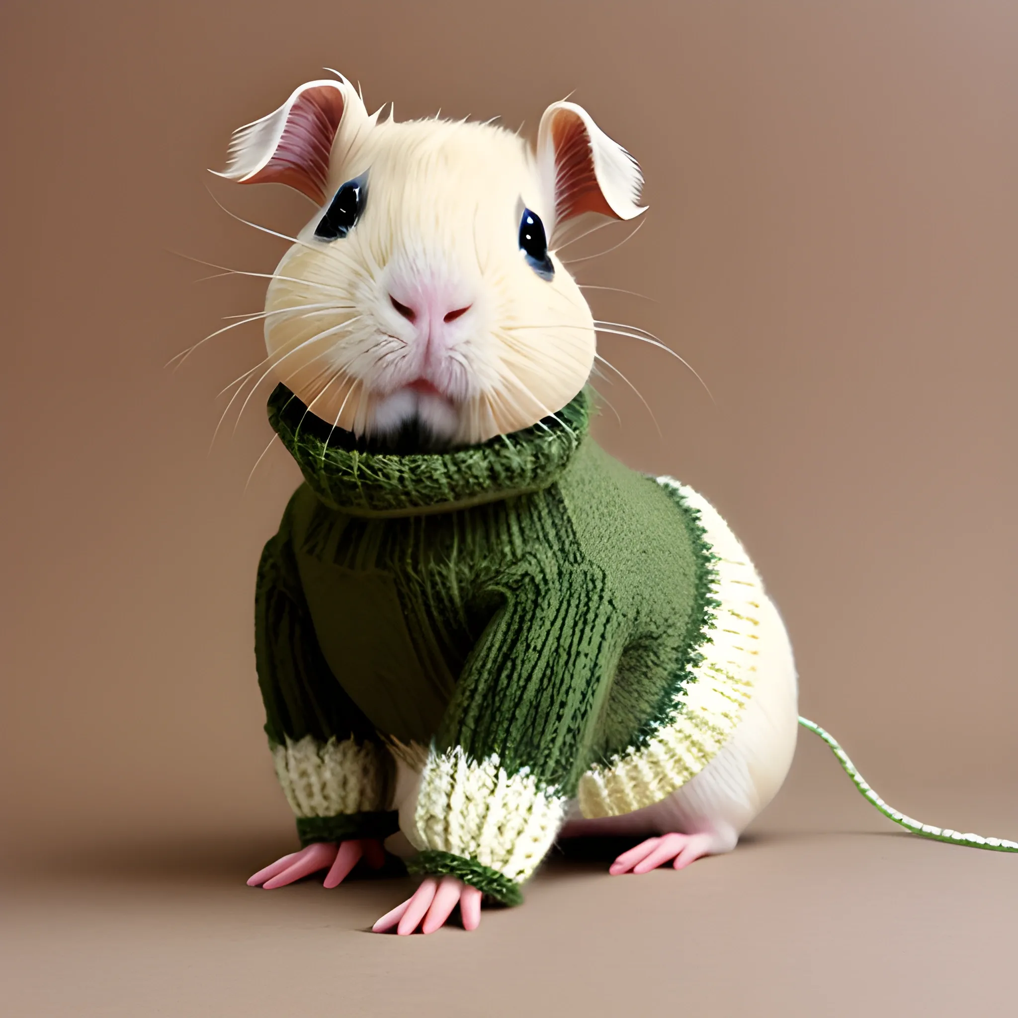 knitting pattern of beige guinea pig on green knit sweater

