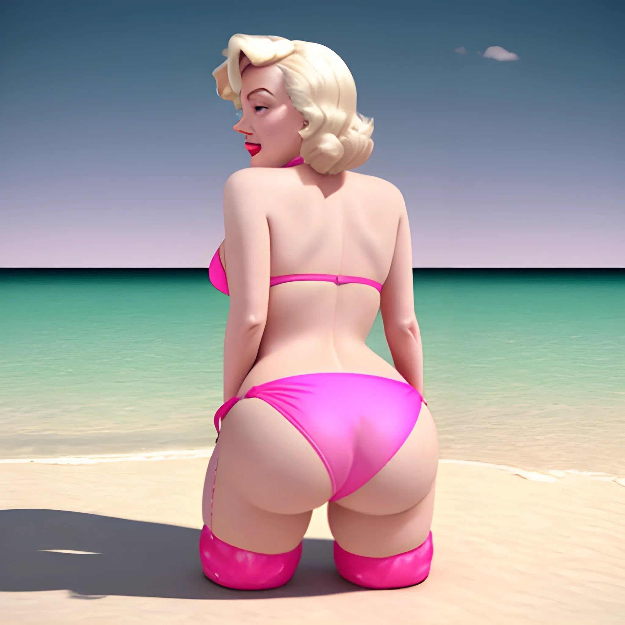 Marilyn Monroe’s huge butt in pink bikini facing at camera , 3D