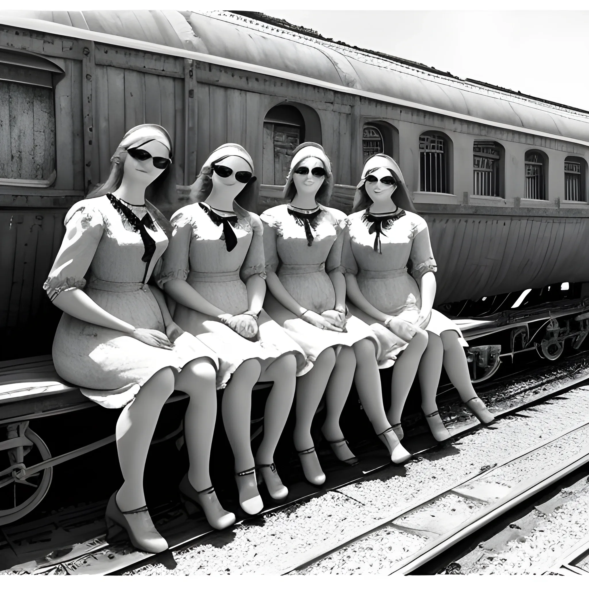 hermosas chicas gemelas, rubias, delgadas, con lentes, con vestidos cortos estampados, manos y rostro perfecto a bordo de un tren antiguo, ultra realismo, apariencia fotografíca, muy detallado y de alta resolución, estilo RAW.