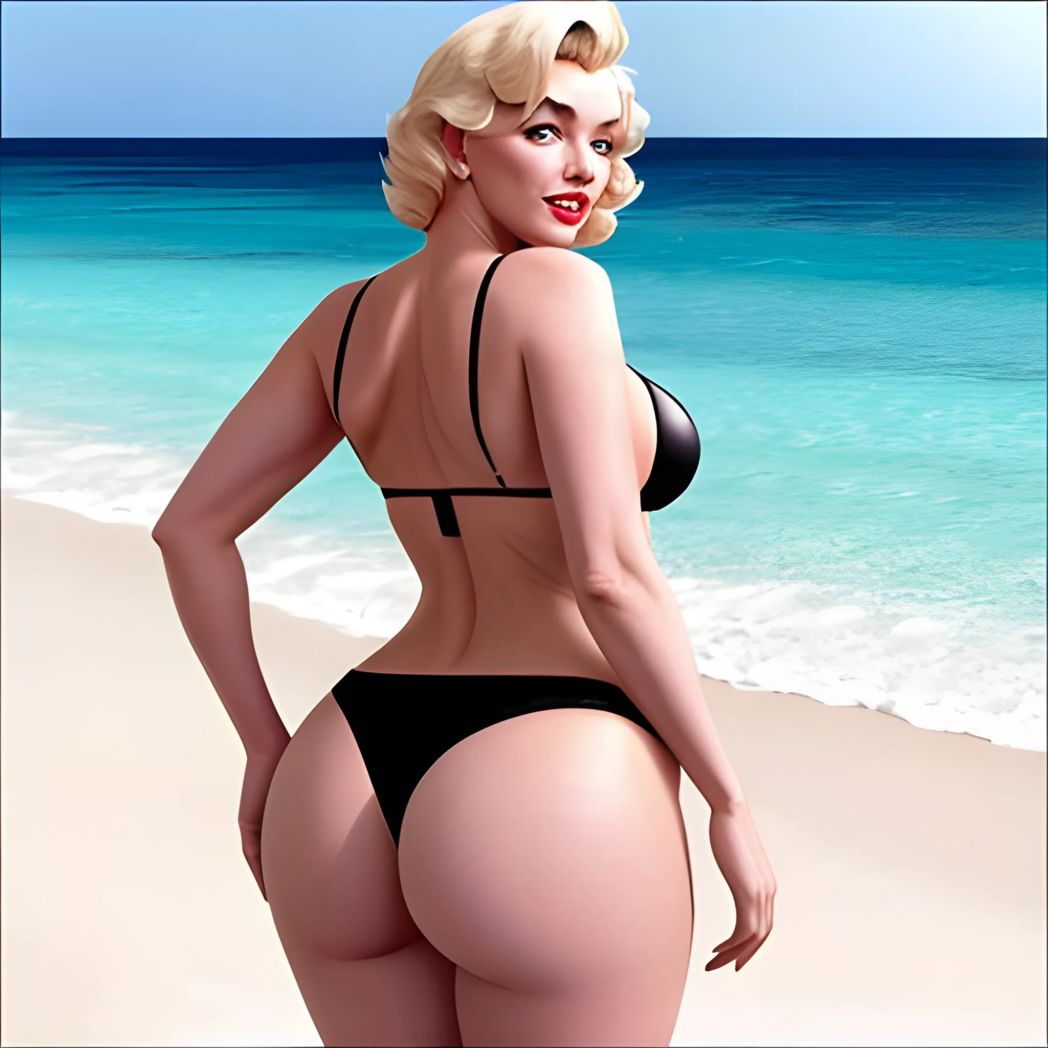 Marilyn Monroe’s huge butt in black bikini facing at camera , 3D small thong