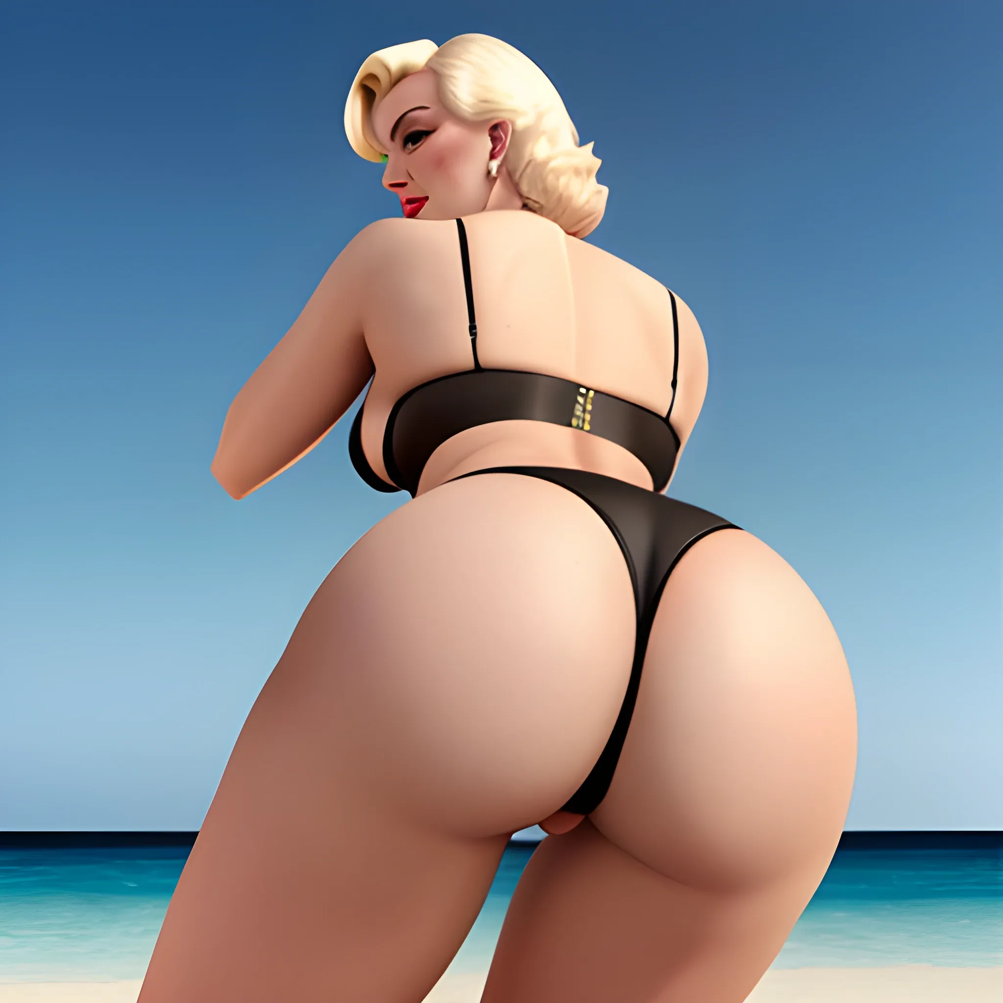 Marilyn Monroe’s huge butt in black micro bikini facing at camera , 3D small thong