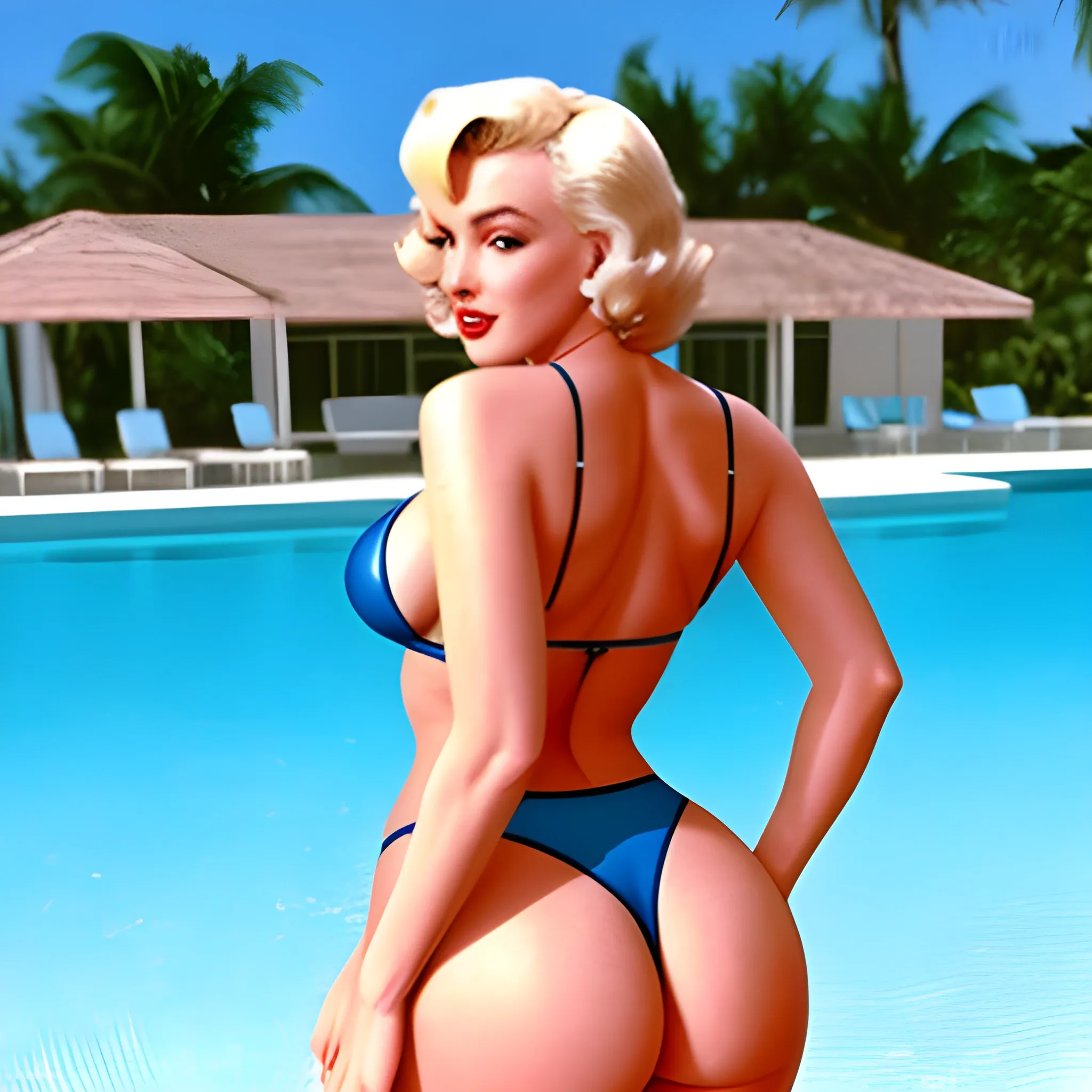 Marilyn Monroe’s huge butt in blue micro bikini facing at camera , 3D small thong tight on skin