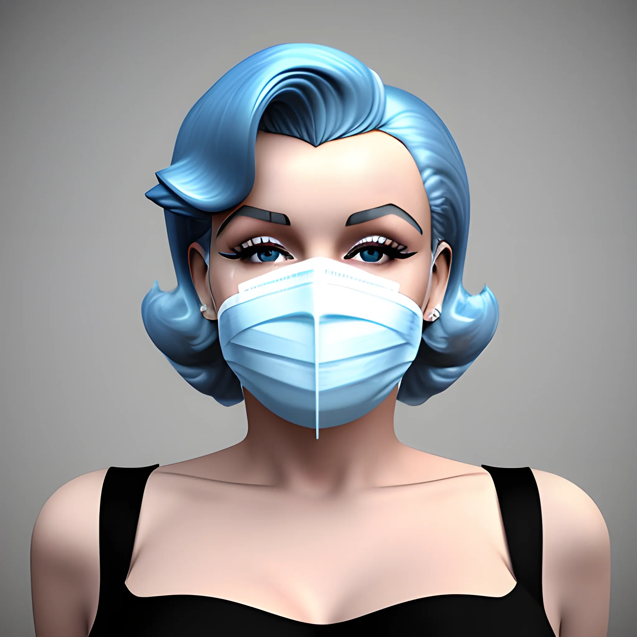 , 3D Marilyn Monroe with blue surgical mask on that does not have lips on it 