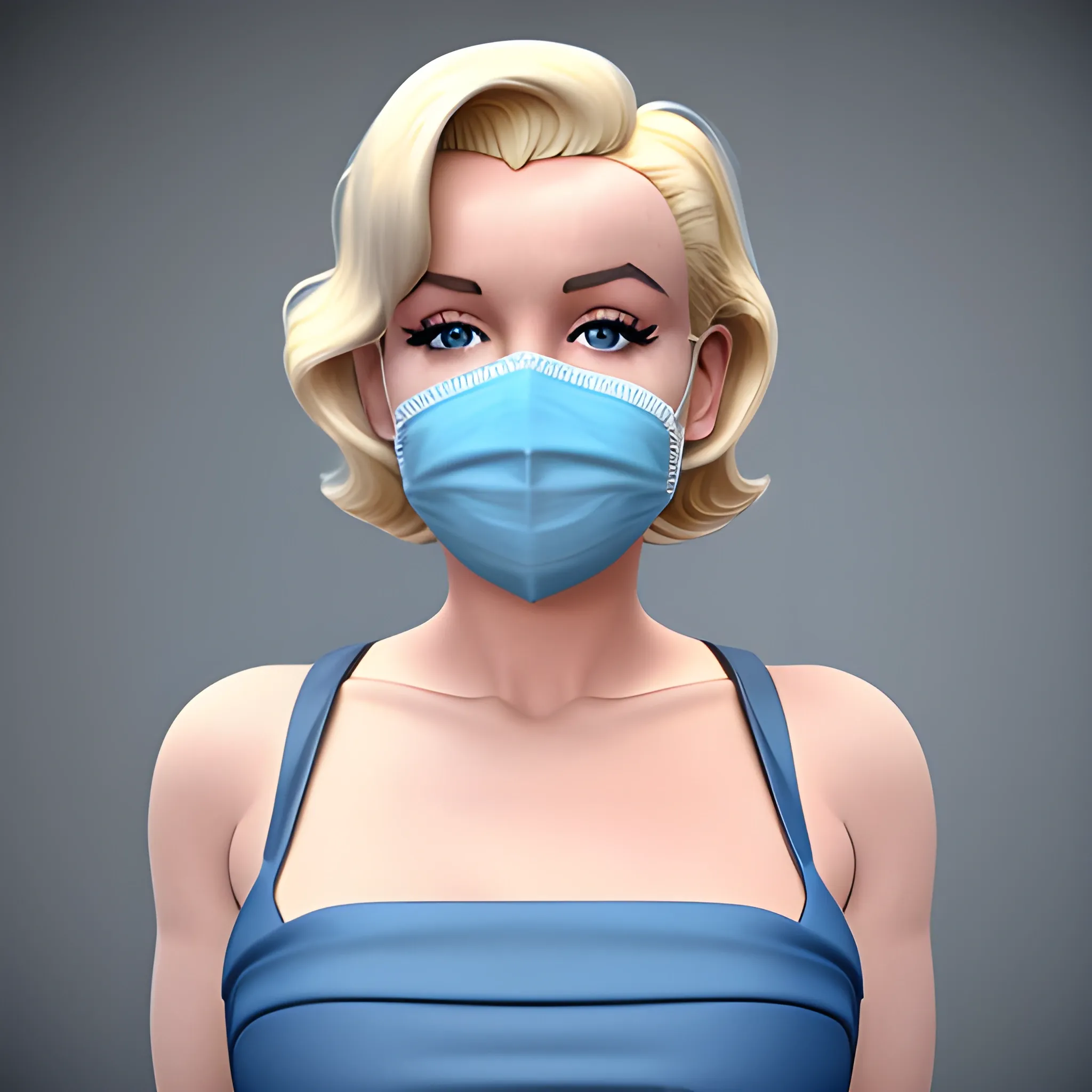 , 3D Marilyn Monroe blonde with blue surgical mask on that does not have lips on it and blonde hair 