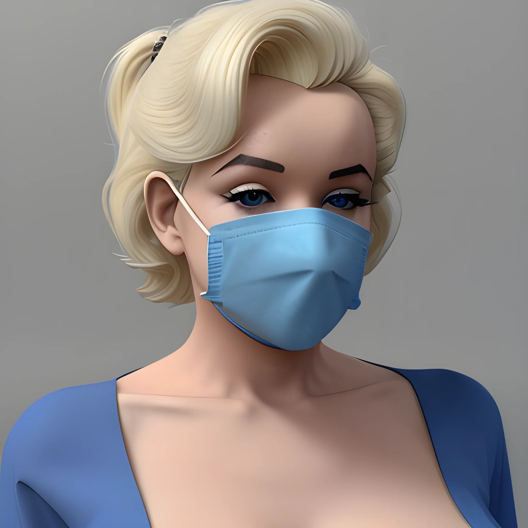 , 3D Marilyn Monroe blonde with blue surgical mask on that does not have lips on it and blonde hair 