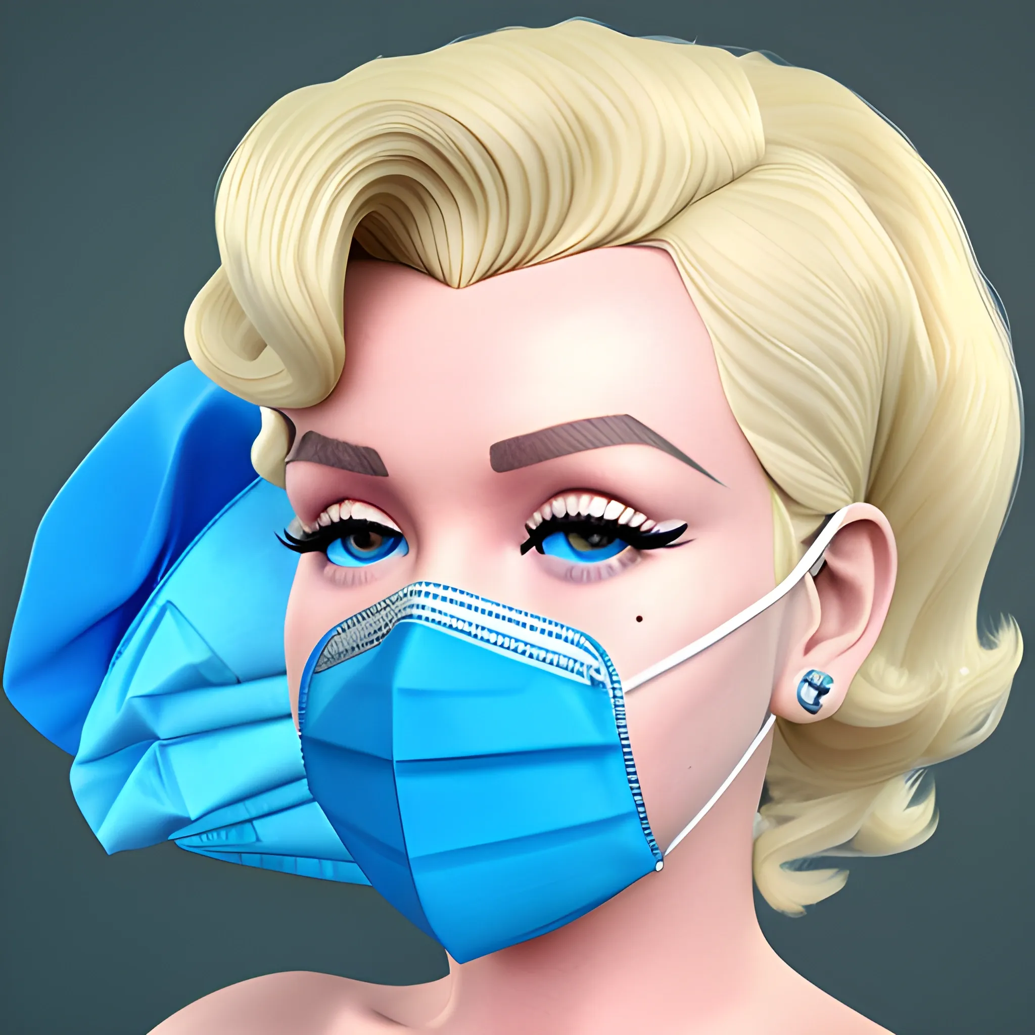 , 3D Marilyn Monroe blonde with blue surgical mask on that does not have lips on it and blonde hair 