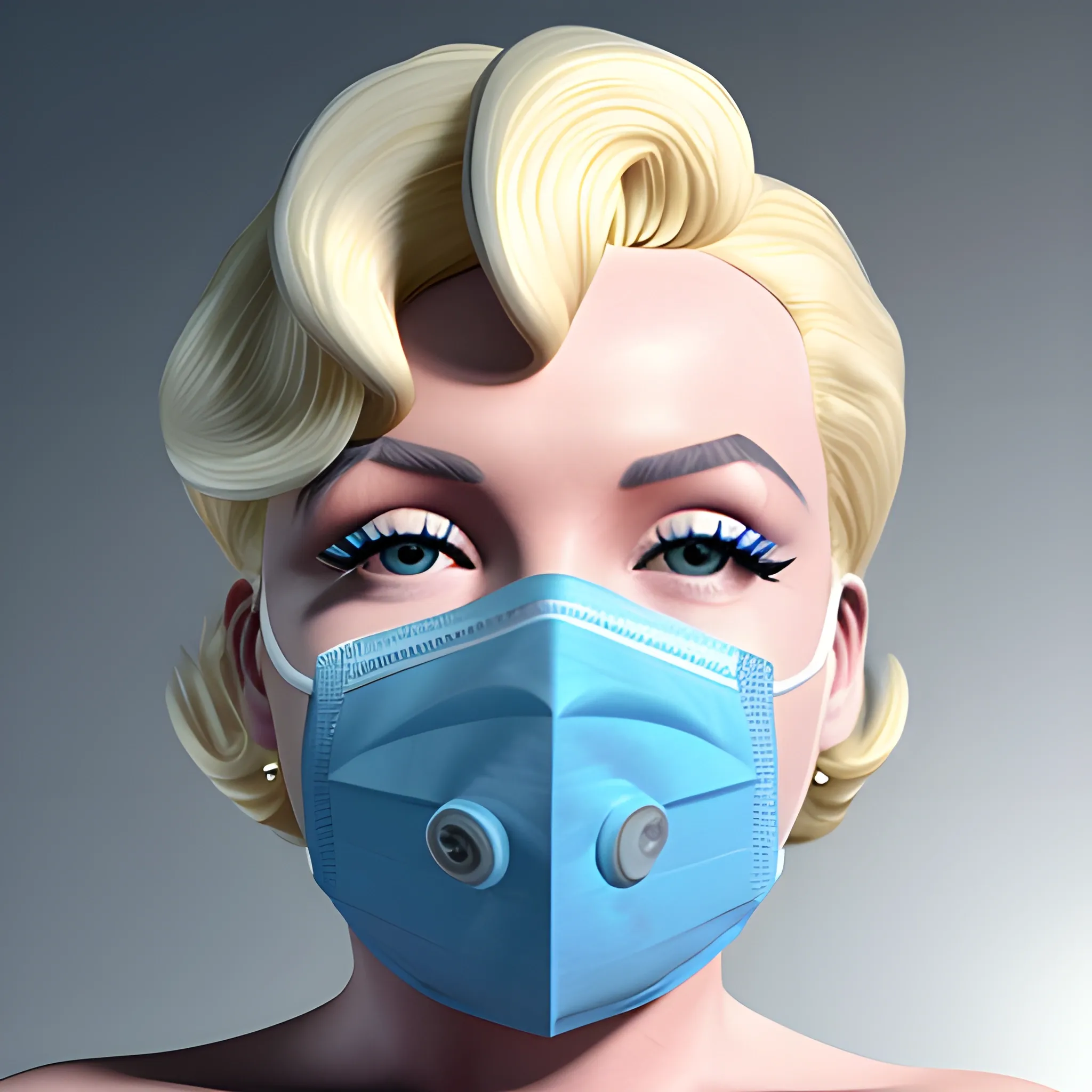 , 3D Marilyn Monroe blonde with blue surgical mask on that does not have lips on it and blonde hair 