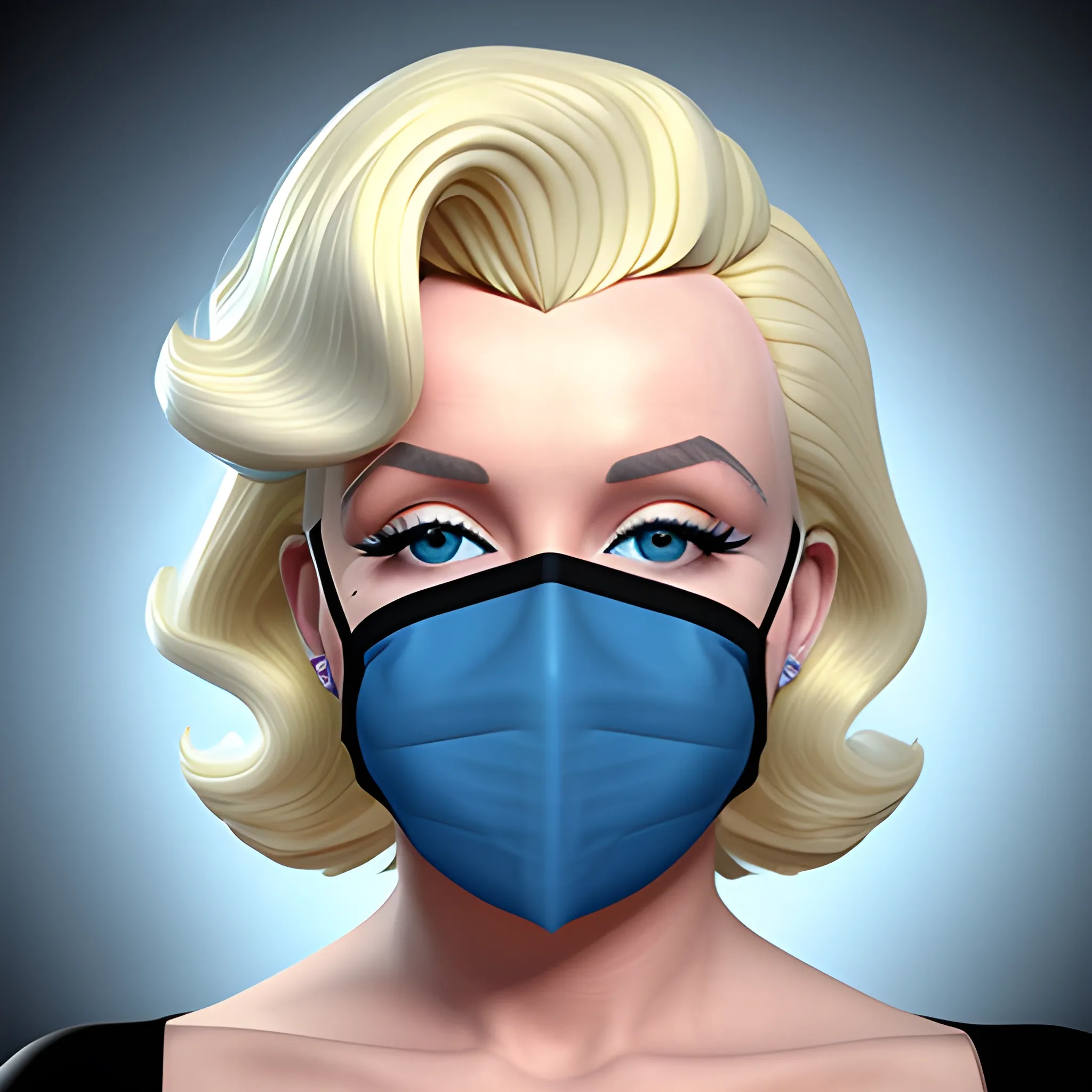 , 3D Marilyn Monroe blonde with blue surgical mask on that does not have lips on it and blonde hair 