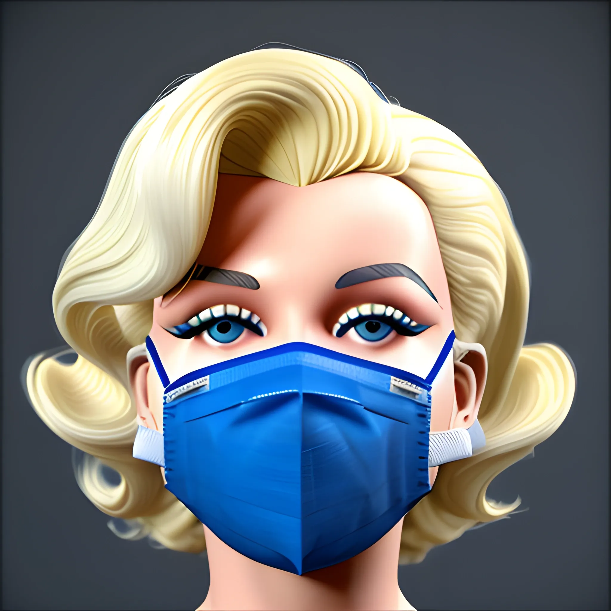 , 3D Marilyn Monroe blonde with blue surgical mask on that does not have lips on it and blonde hair 