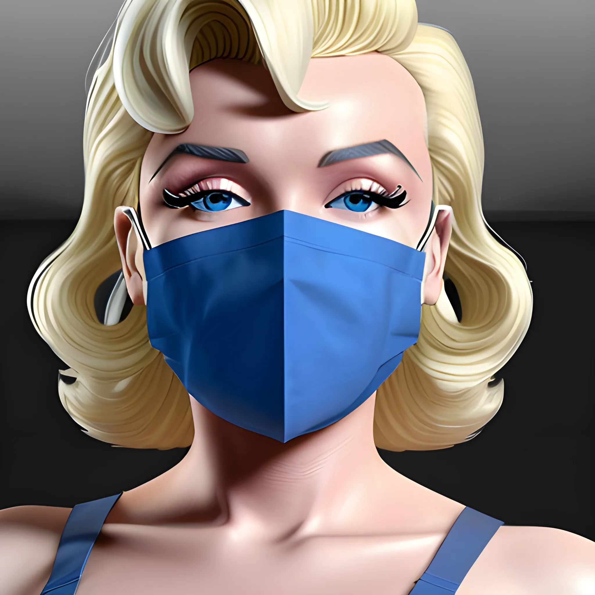 , 3D Marilyn Monroe blonde with blue surgical mask on that does not have lips on it and blonde hair 