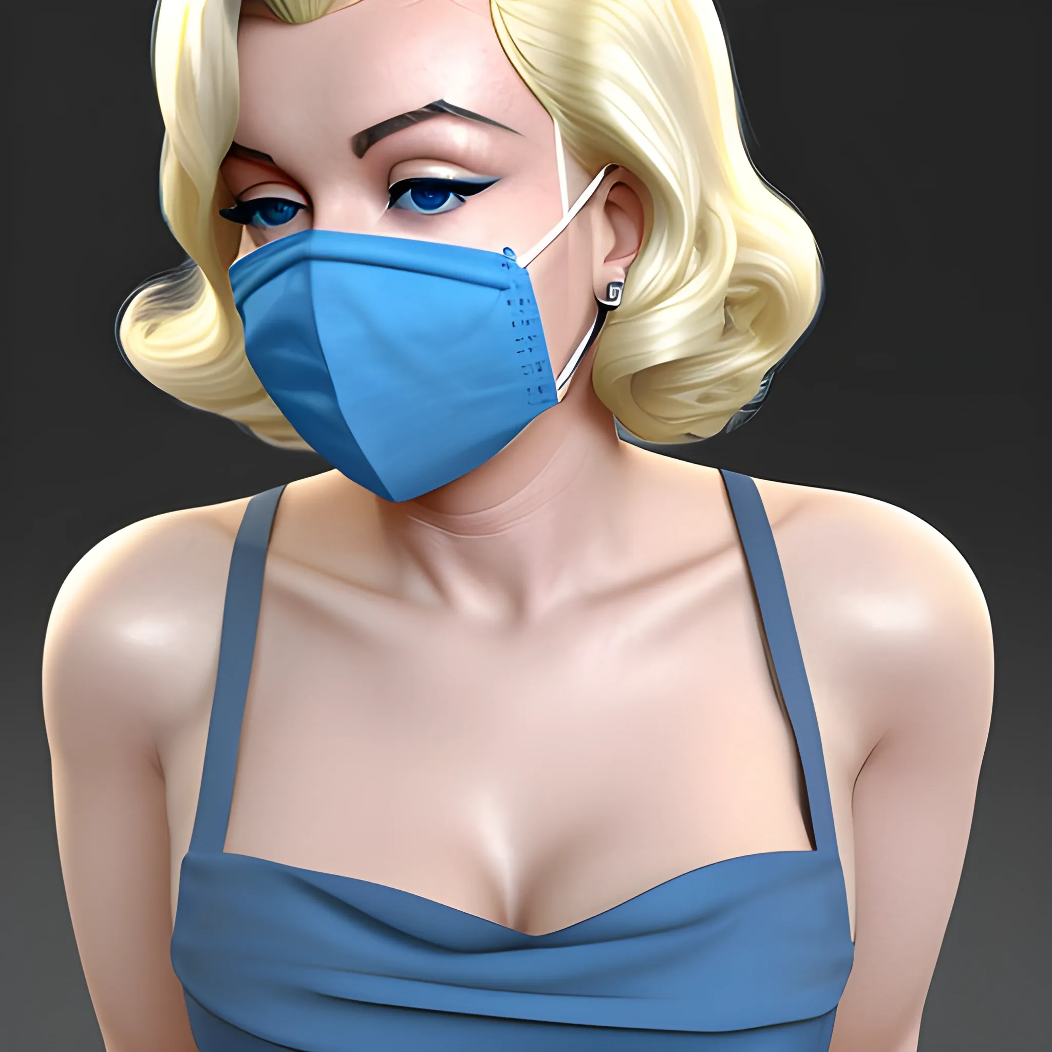 , 3D Marilyn Monroe blonde with blue surgical mask on that does not have lips on it and blonde hair 