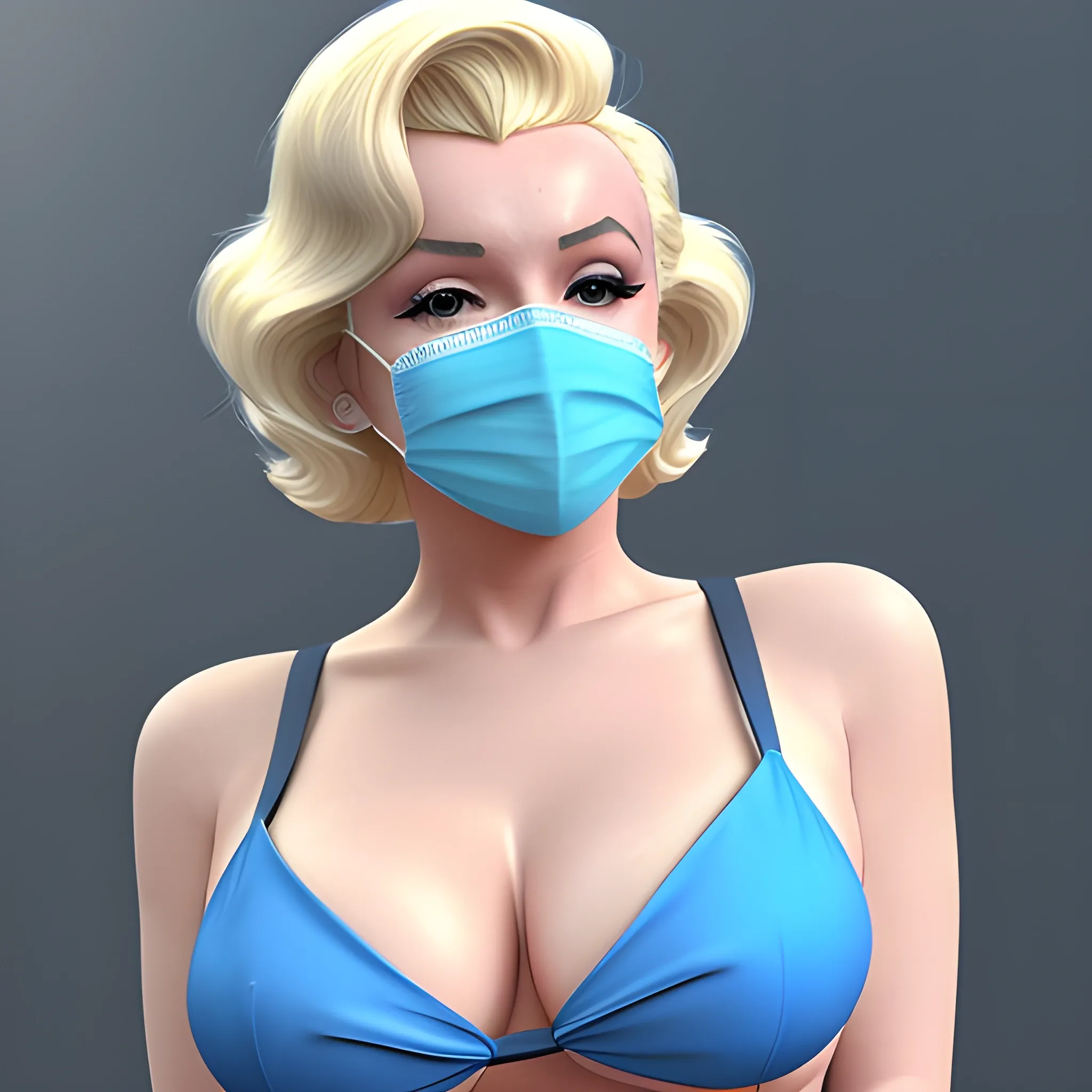 , 3D Marilyn Monroe blonde with blue surgical mask on that does not have lips on it and blonde hair in blue bikini 