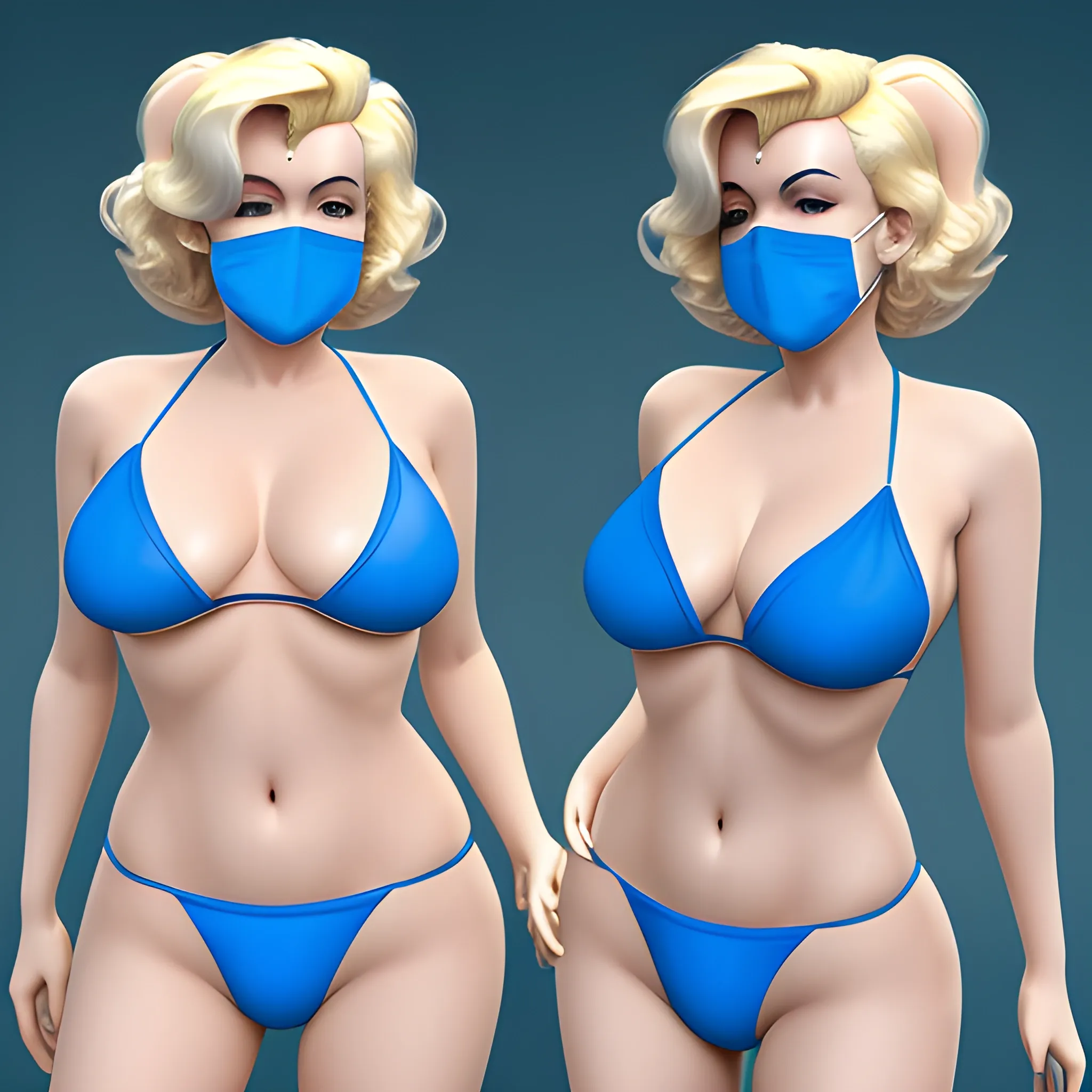 , 3D Marilyn Monroe blonde with blue surgical mask on that does not have lips on it and blonde hair in blue bikini 