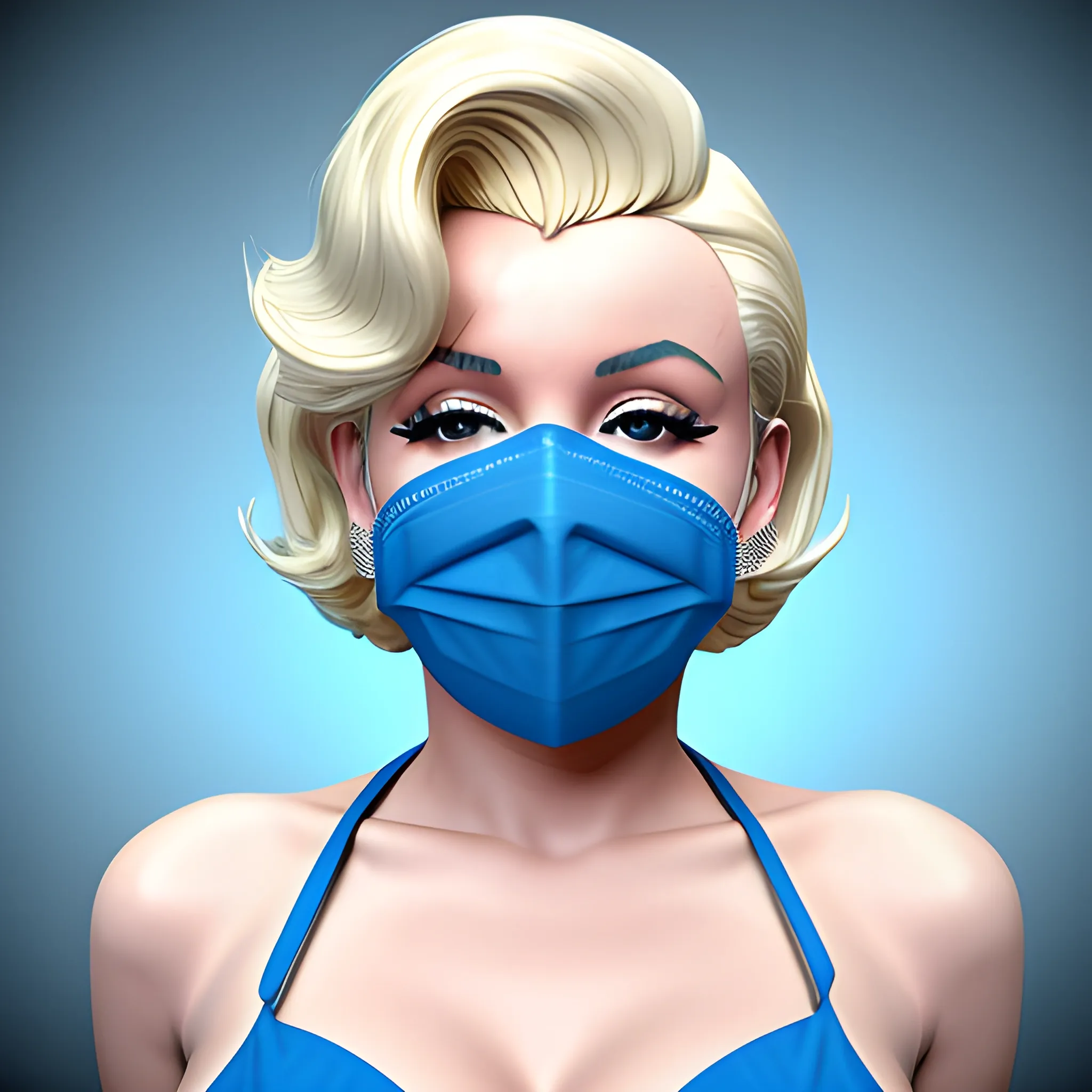 , 3D Marilyn Monroe blonde with blue surgical mask on that does not have lips on it and blonde hair in blue bikini 