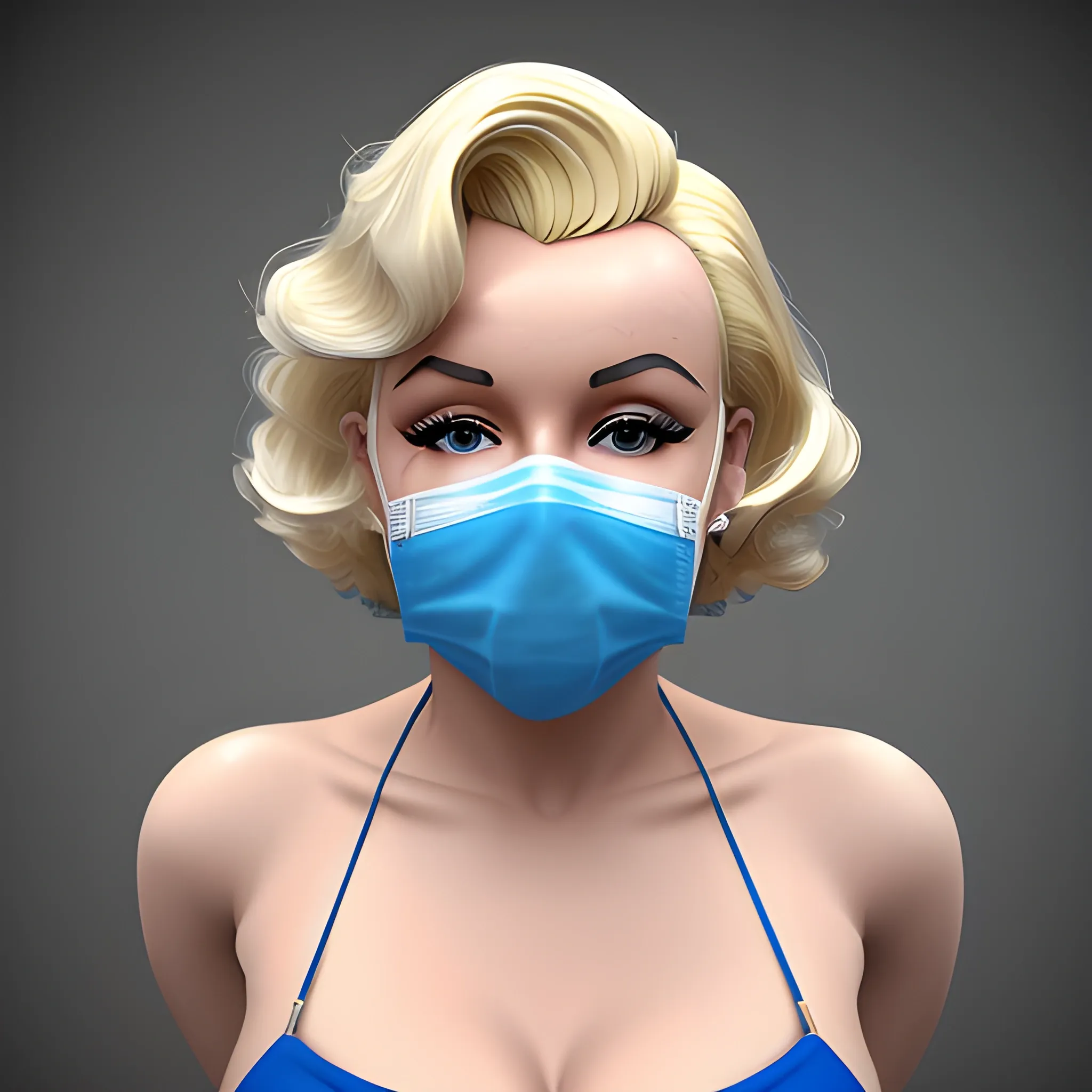 , 3D Marilyn Monroe blonde with blue surgical mask on that does not have lips on it and blonde hair in blue bikini 