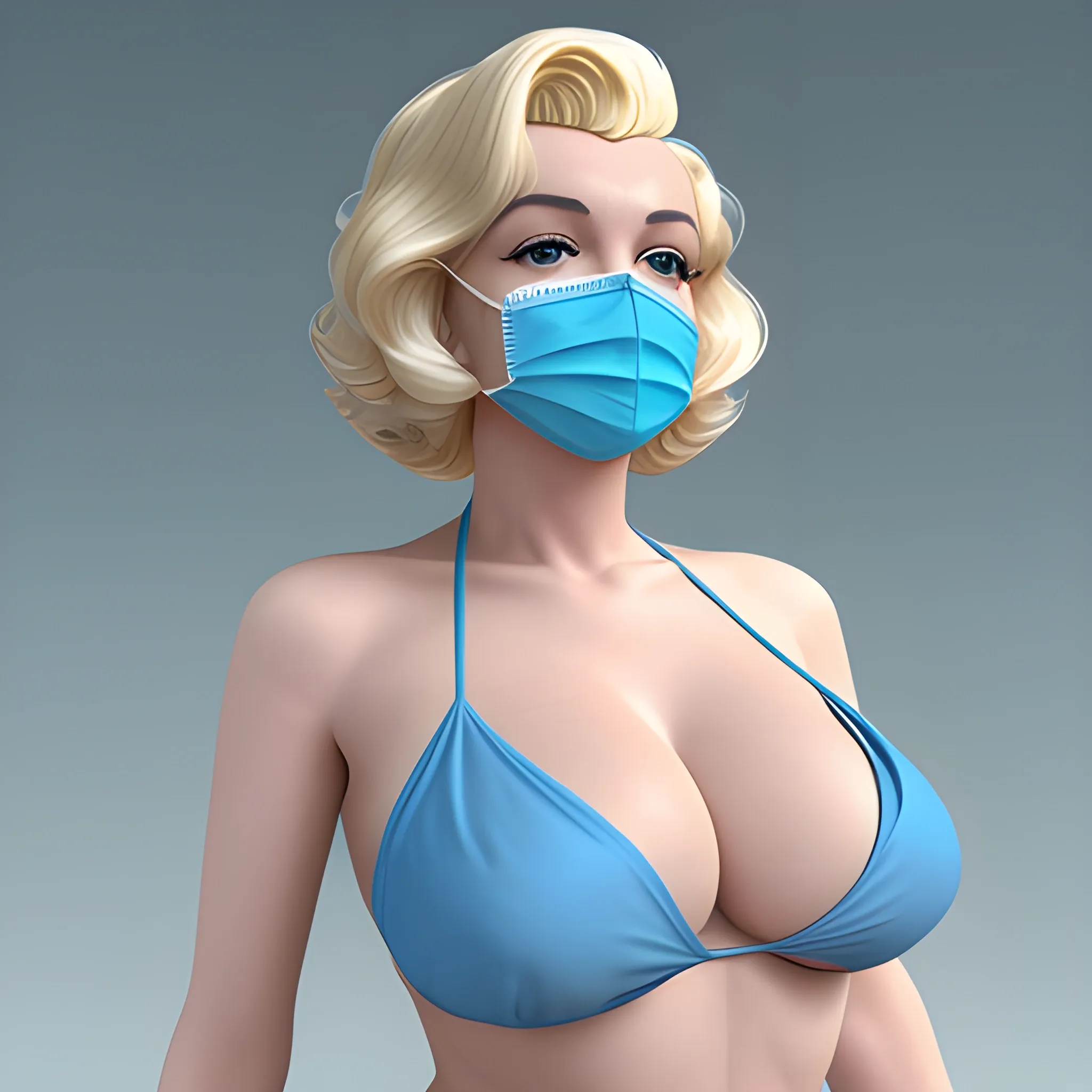 3D Marilyn Monroe blonde with blue surgical mask on that does not have lips on it and blonde hair in blue bikini with large boobs