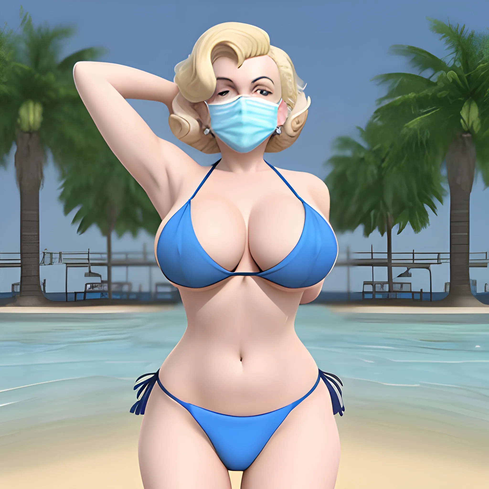 3D Marilyn Monroe blonde with blue surgical mask on that does not have lips on it and blonde hair in blue bikini with large boobs tits pokeing through the bikini 