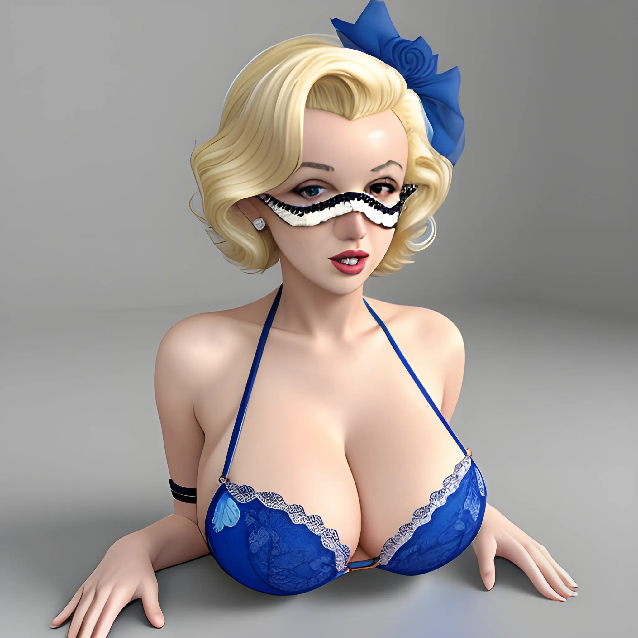 3D Marilyn Monroe blonde with lace masquerade mask on that does not have lips on it and blonde hair in blue bikini with large boobs tits pokeing through the bikini
