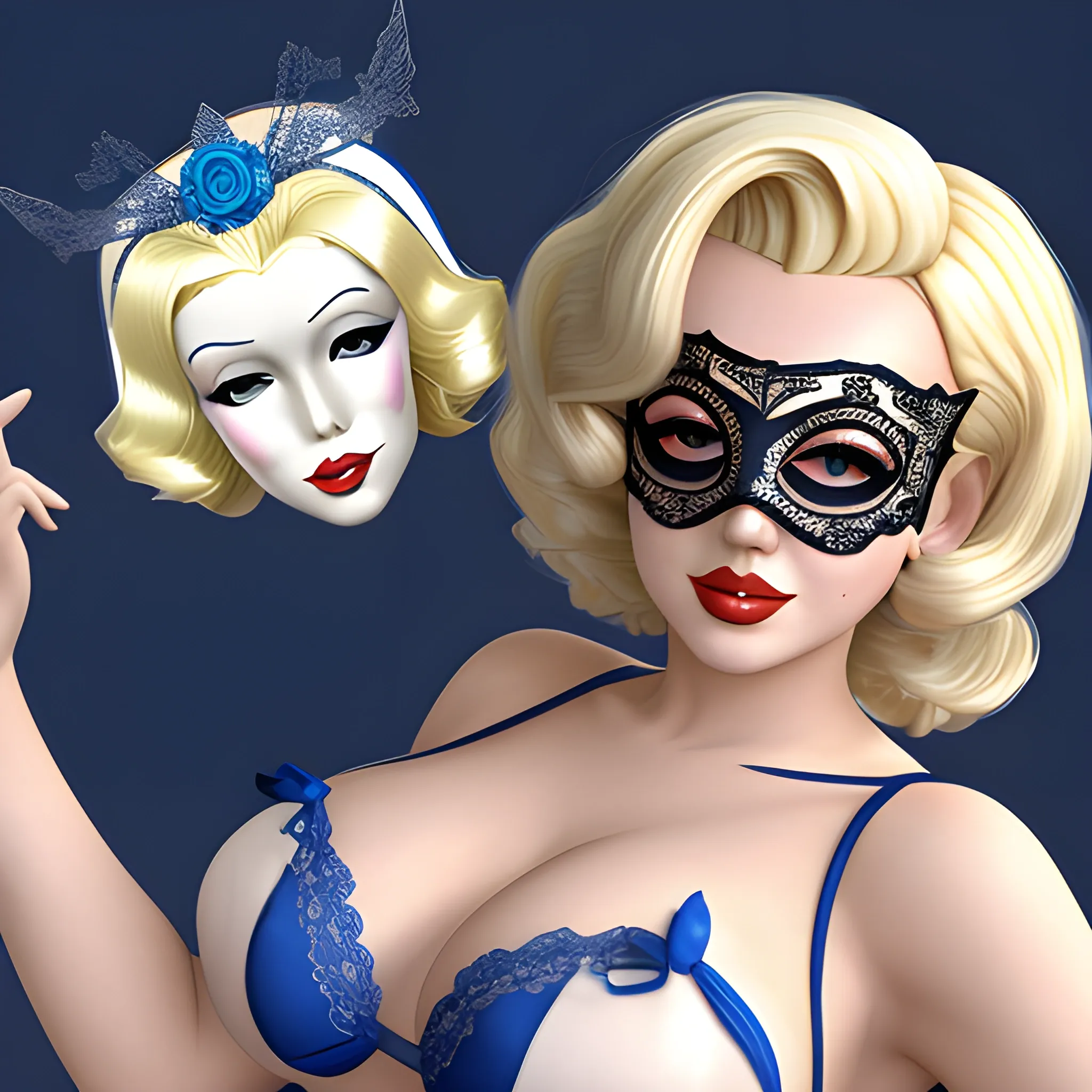 3D Marilyn Monroe blonde with lace masquerade mask on it on the eyes that does not have lips on it and blonde hair in blue bikini with large boobs tits pokeing through the bikini
