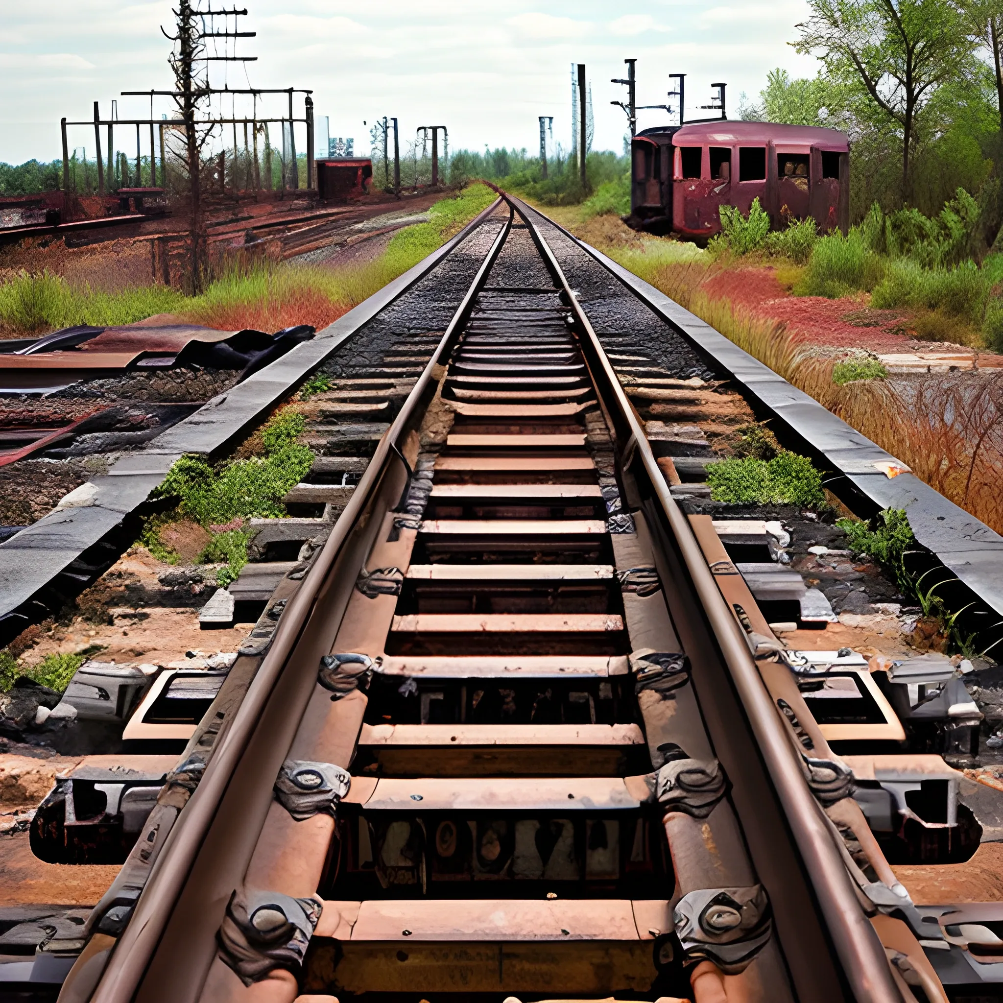 A distopian abandoned train track with rusting train parts and dilapidated 1800s structures 