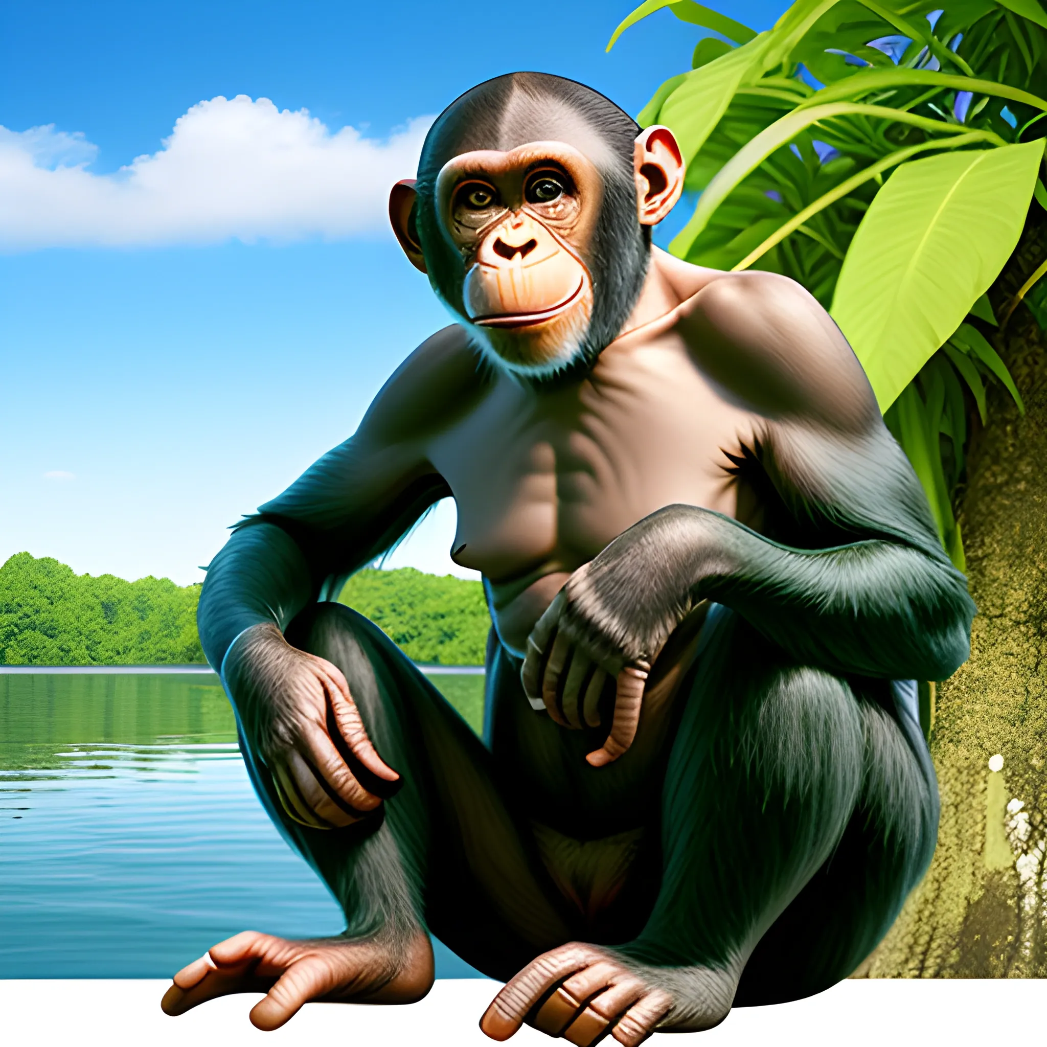 sitting chimp water edge green screen