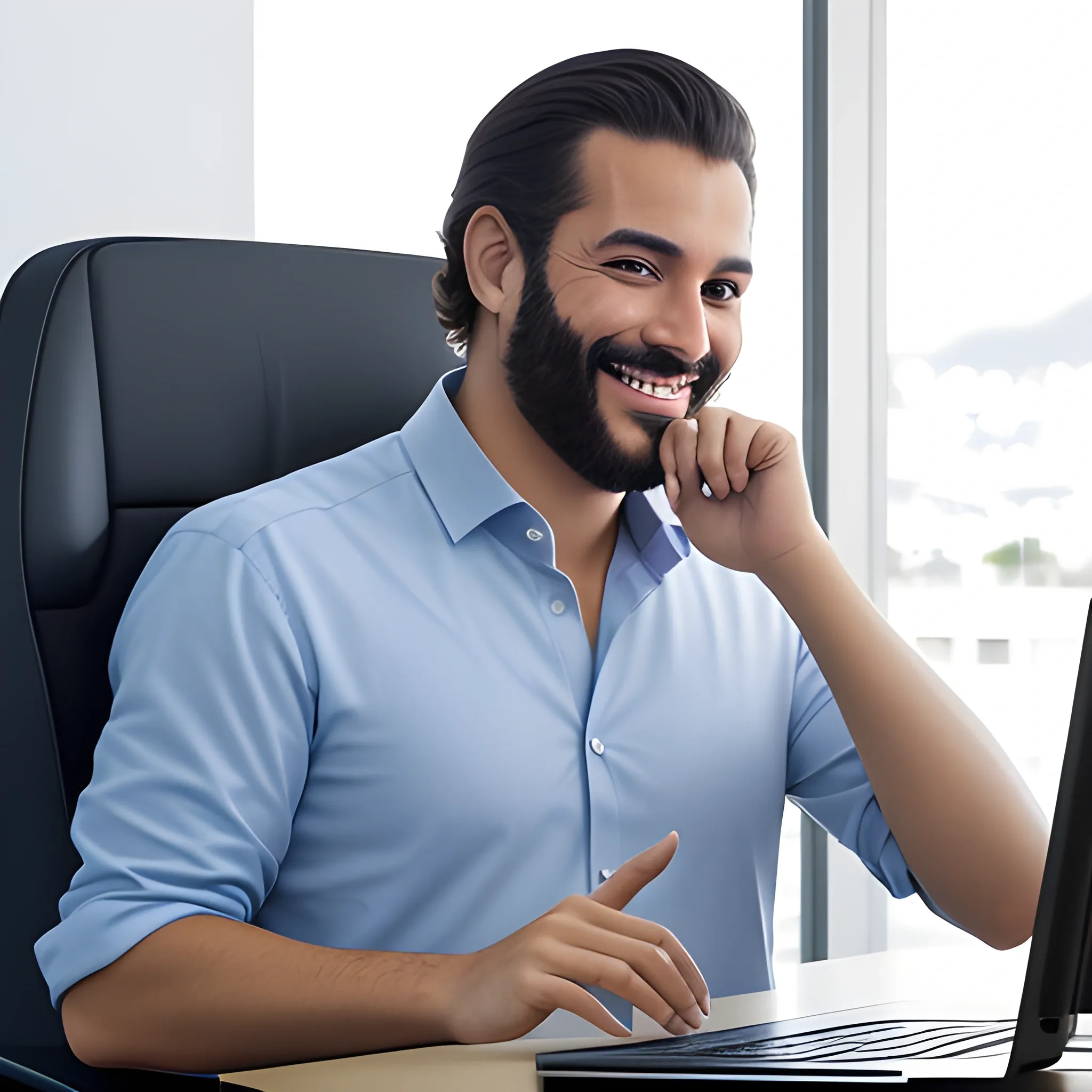 Imagen de un empresario sonriente utilizando la plataforma Lyonsoft en su computadora.