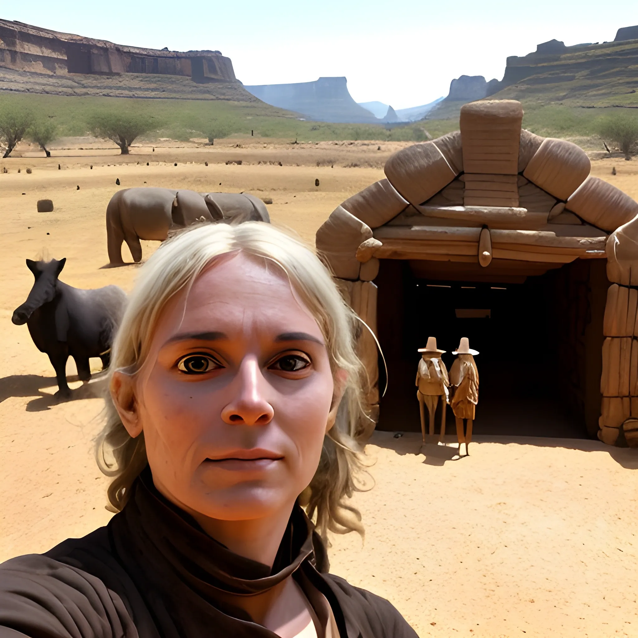 ancient western poeple selfie , with big ark at the background and many animals