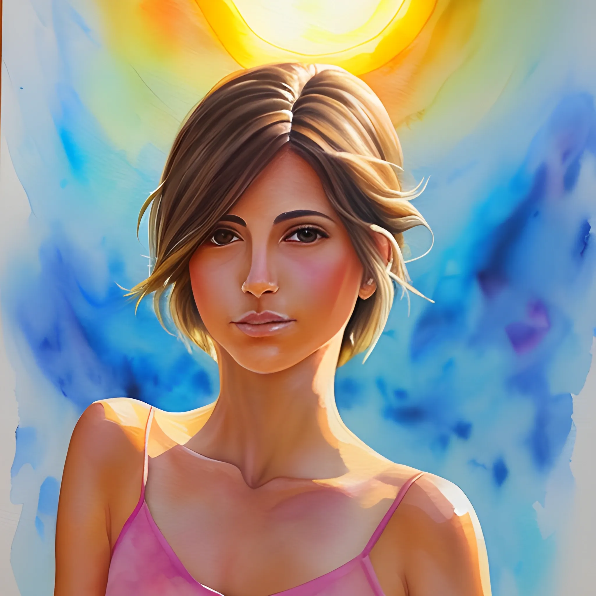 espitiru, angel, mujer, pelo corto, sol, luz, amor, cuerpo completo, Water Color, Oil Painting